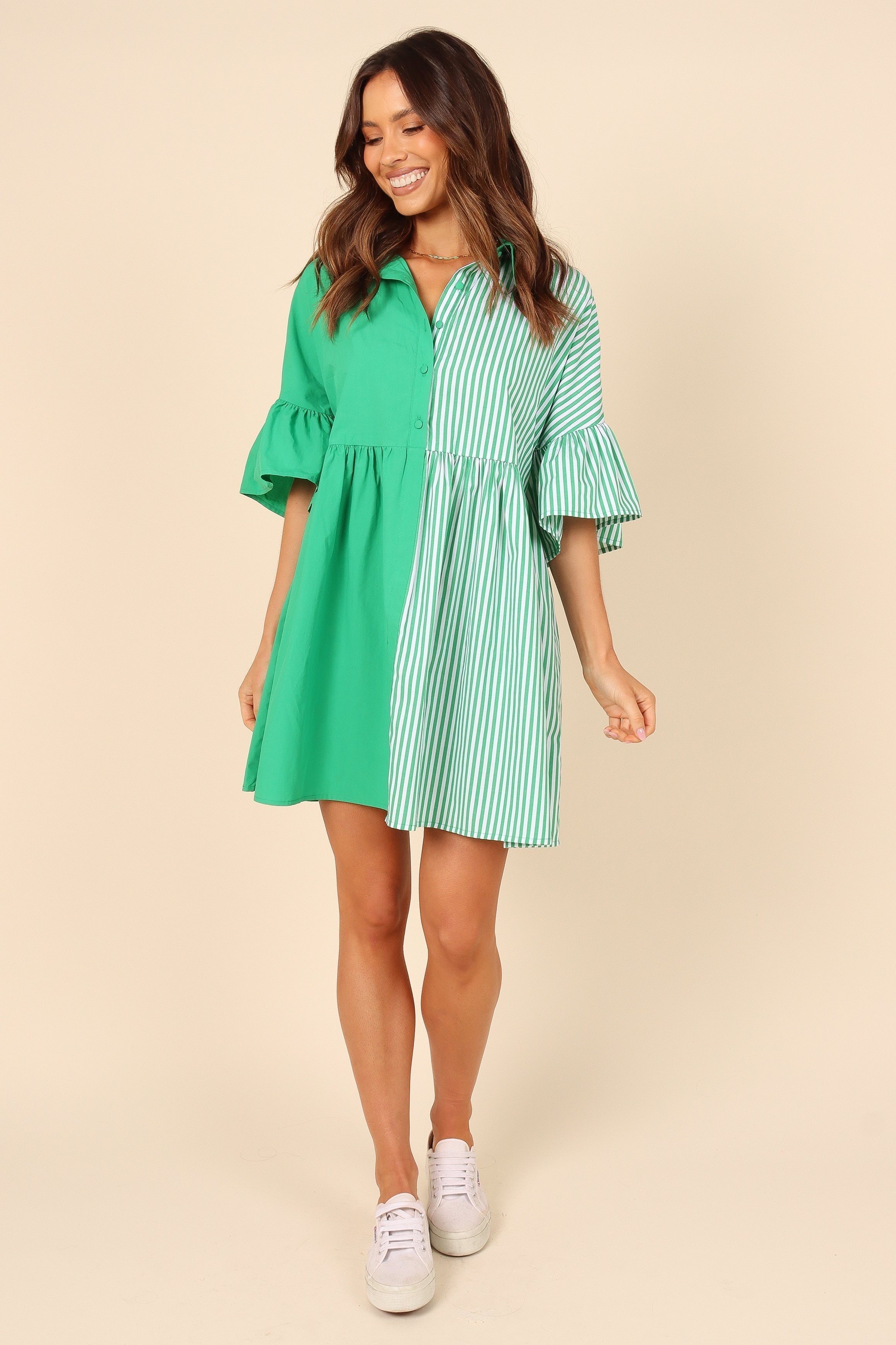 Didi Frill Mini Dress - Green Stripe-Aur Fashion