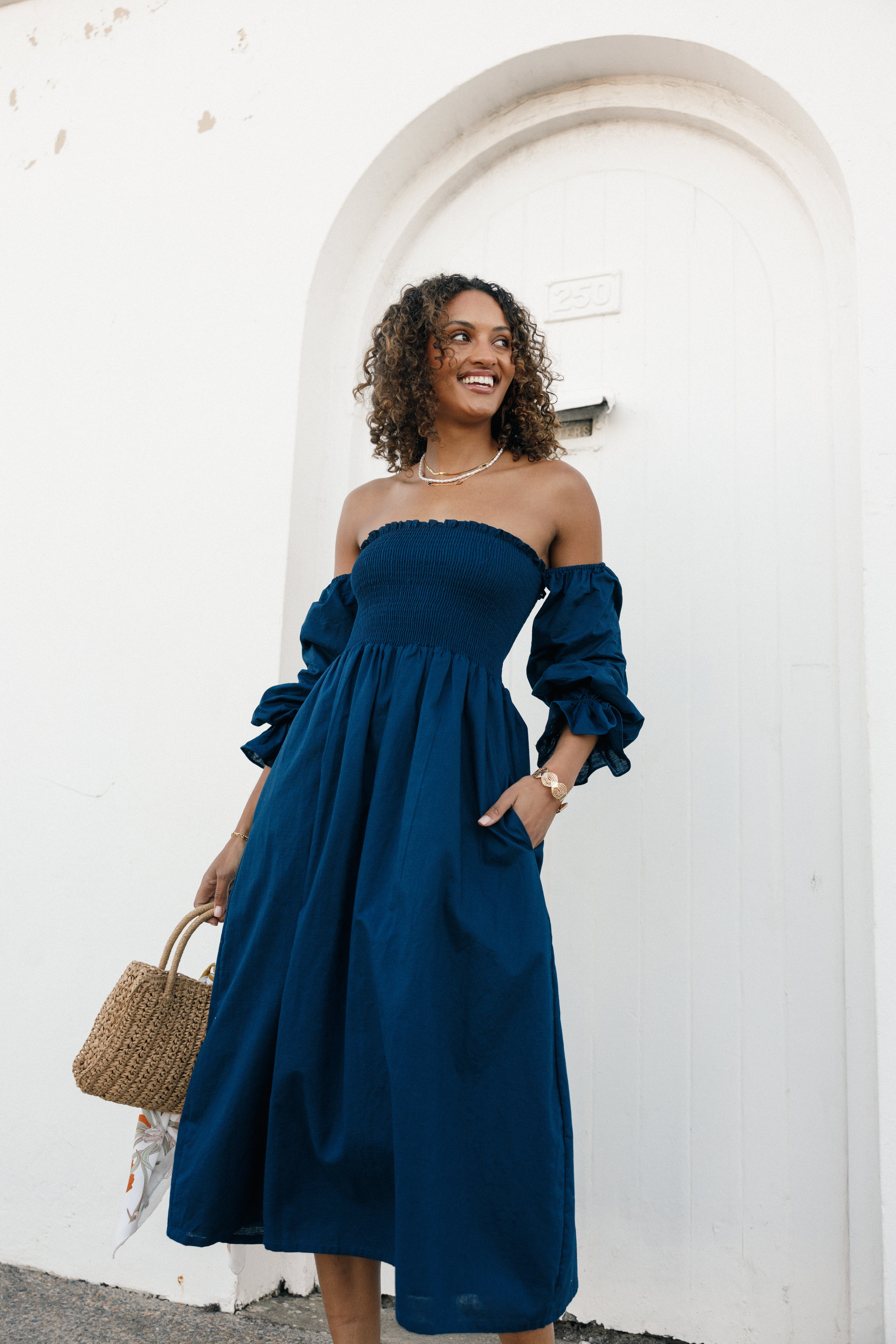 Domenica Shirred Long Sleeve Dress - Navy-Aur Fashion