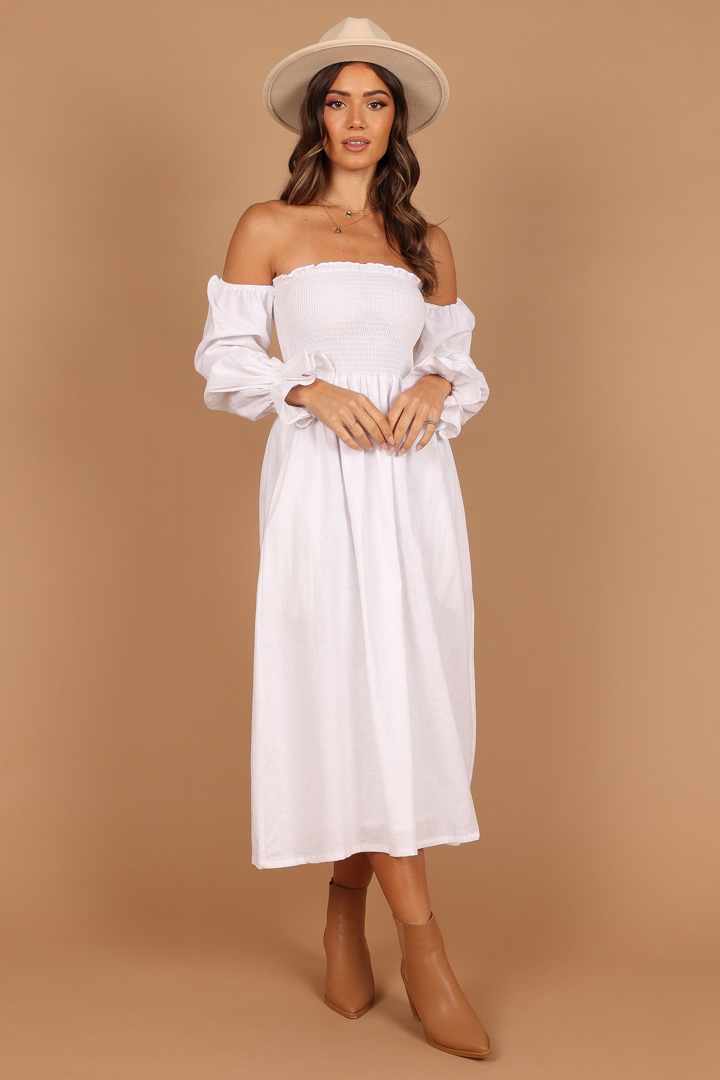 Domenica Shirred Long Sleeve Midi Dress - White-Aur Fashion