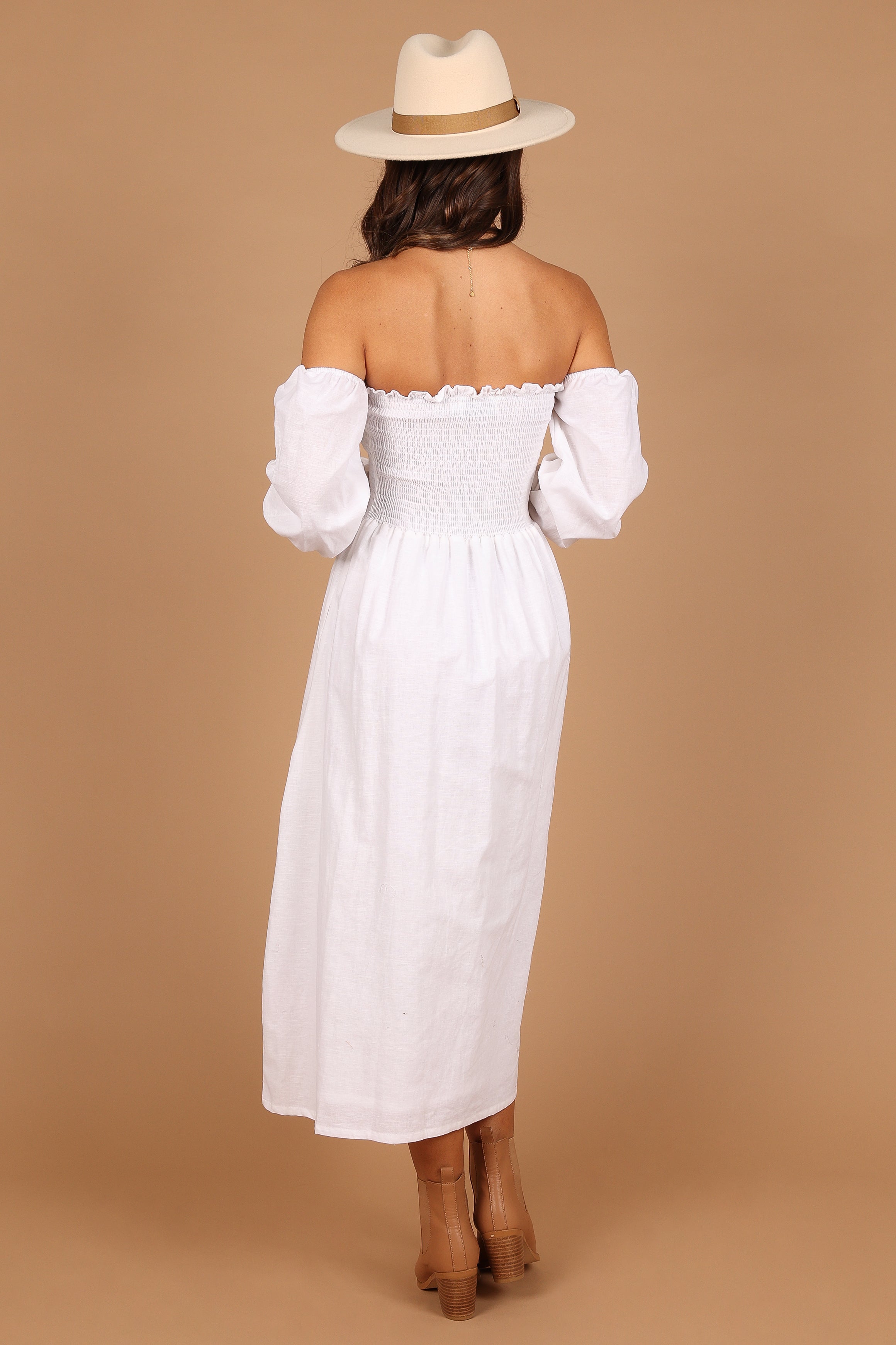 Domenica Shirred Long Sleeve Midi Dress - White-Aur Fashion
