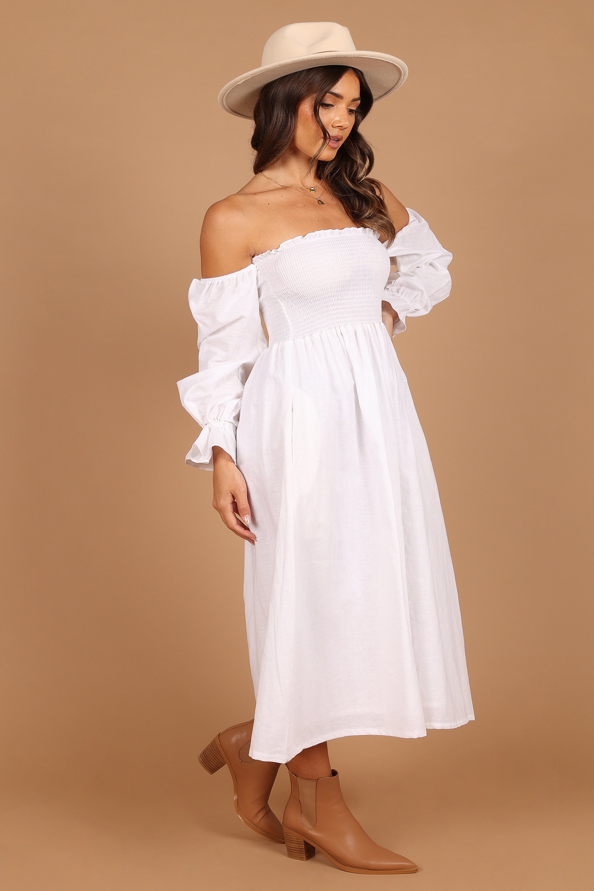 Domenica Shirred Long Sleeve Midi Dress - White-Aur Fashion