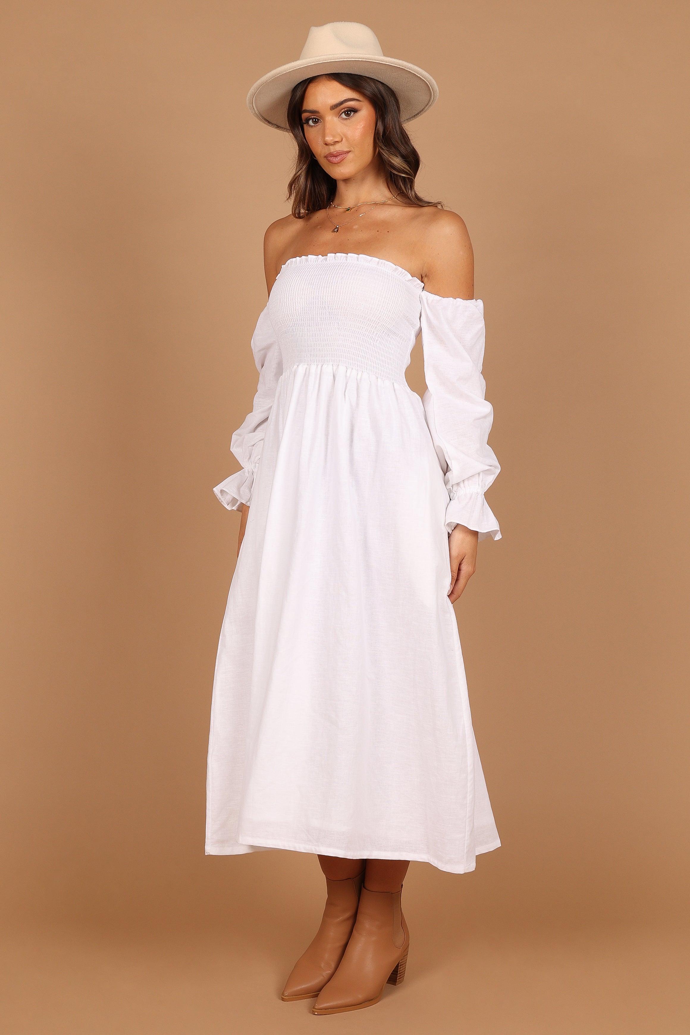Domenica Shirred Long Sleeve Midi Dress - White-Aur Fashion