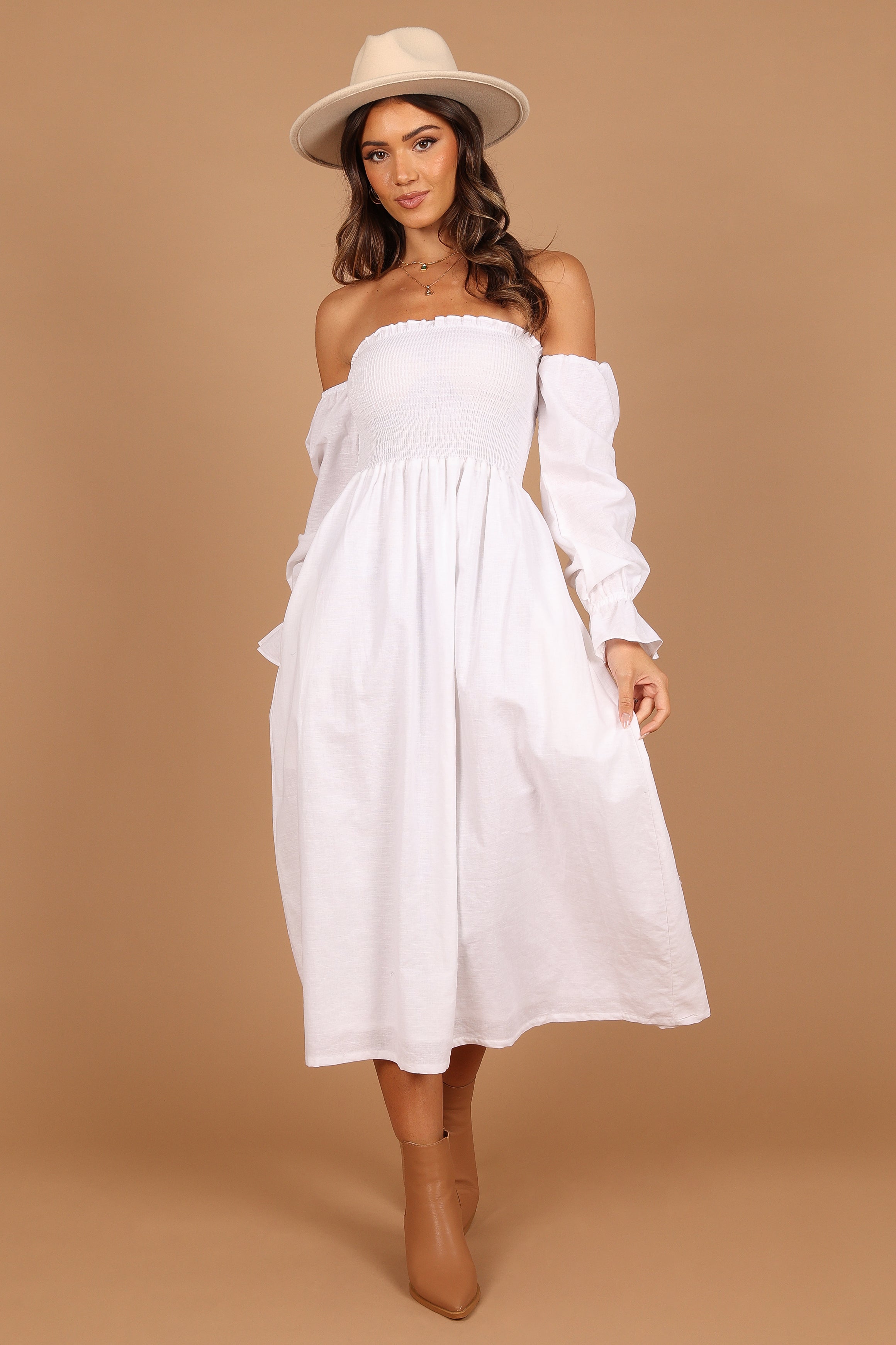 Domenica Shirred Long Sleeve Midi Dress - White-Aur Fashion