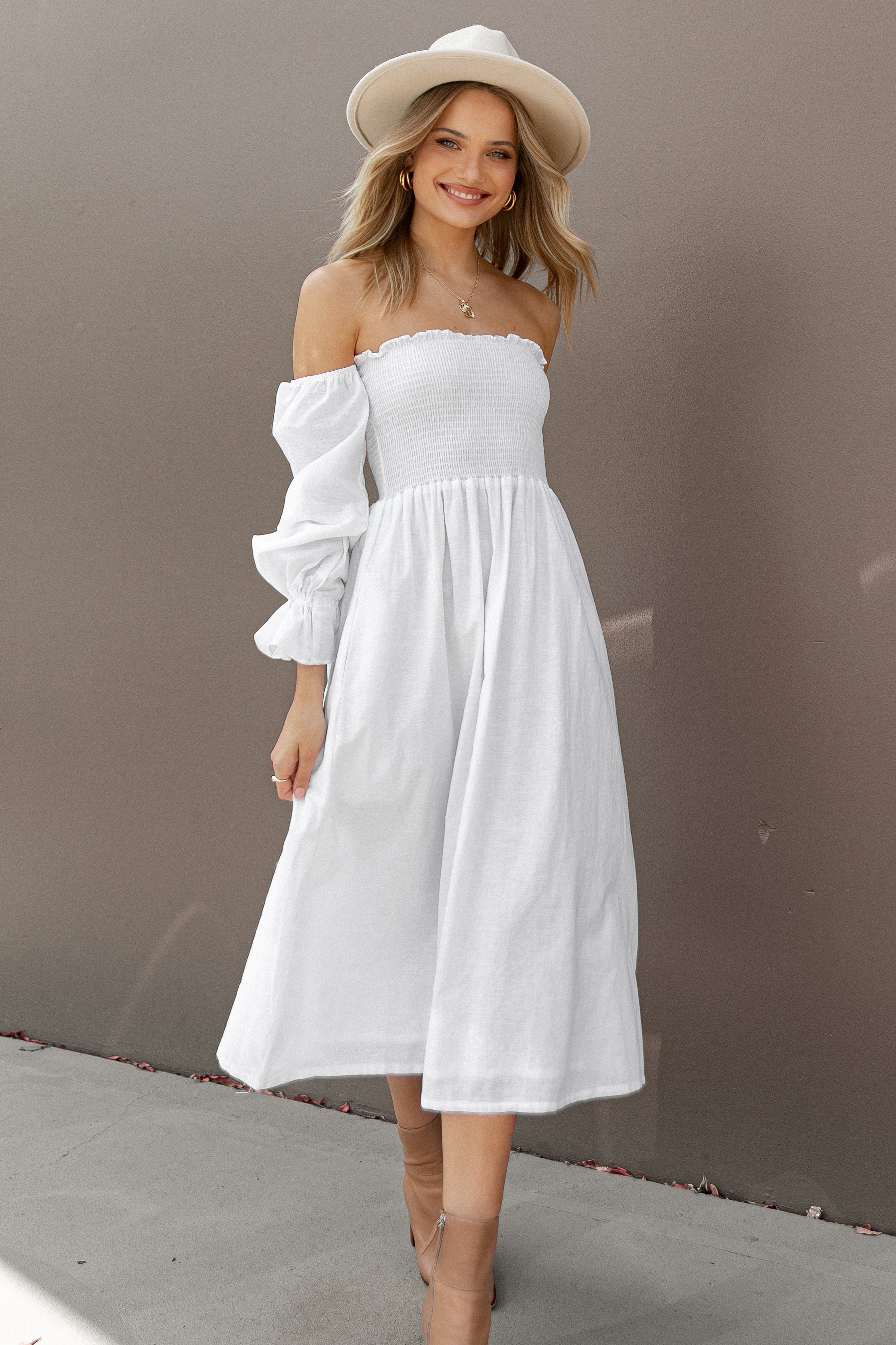 Domenica Shirred Long Sleeve Midi Dress - White-Aur Fashion