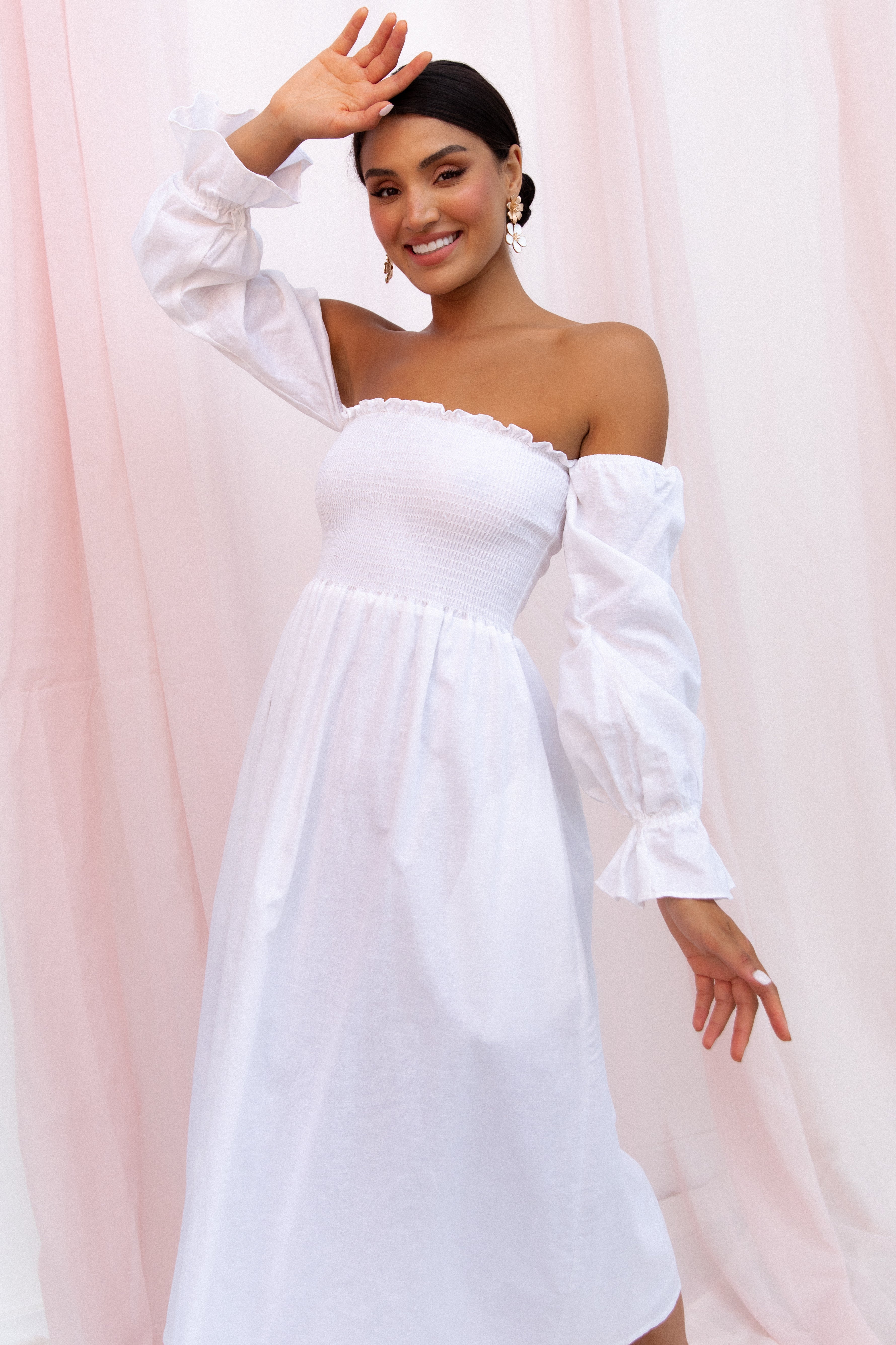 Domenica Shirred Long Sleeve Midi Dress - White-Aur Fashion