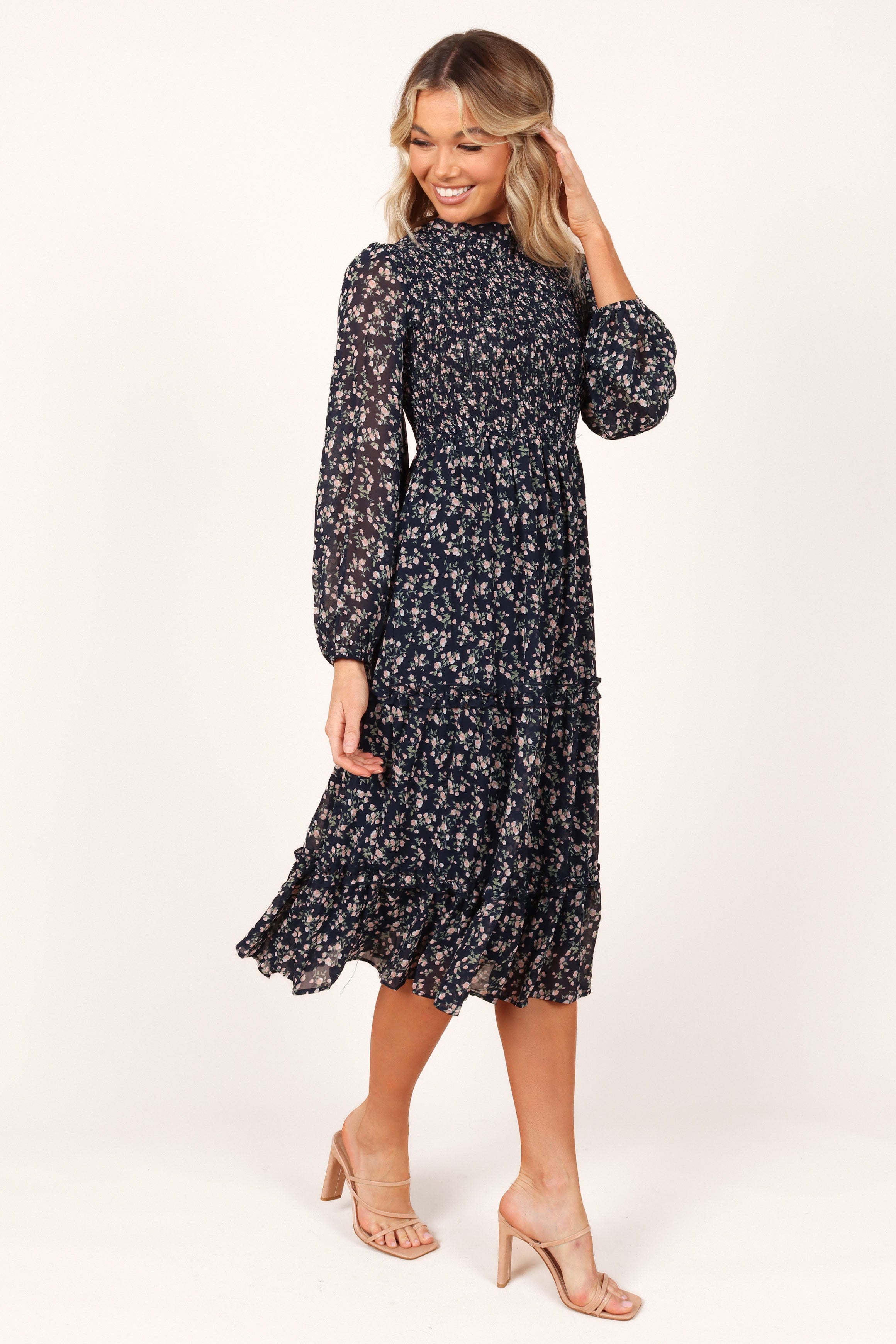 Edwina Shirred Frill Long Sleeve Midi Dress - Navy Floral-Aur Fashion