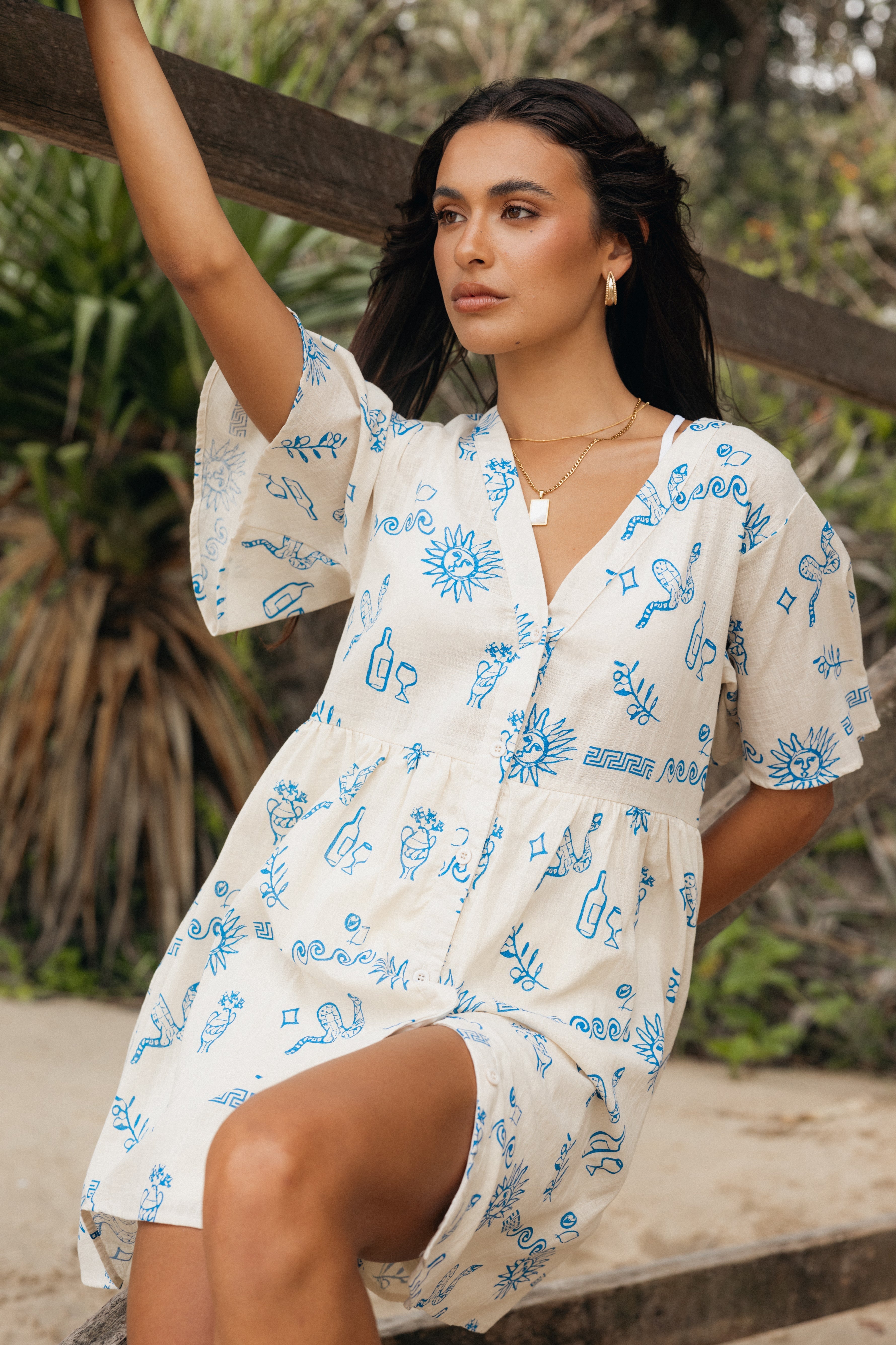 Elias Mini Dress - Beige Blue-Aur Fashion