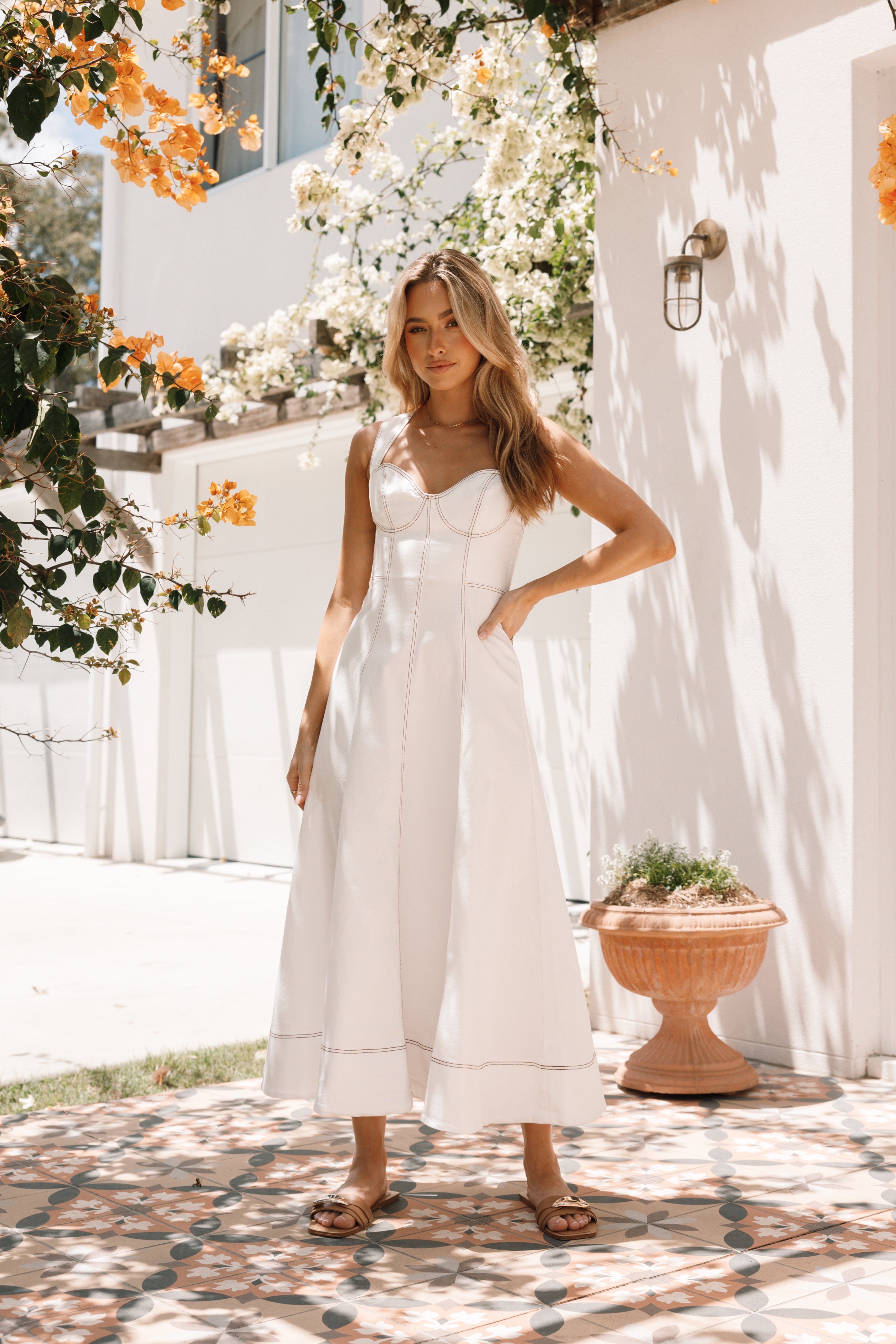 Everly Crossback Midi Dress - White Denim-Aur Fashion