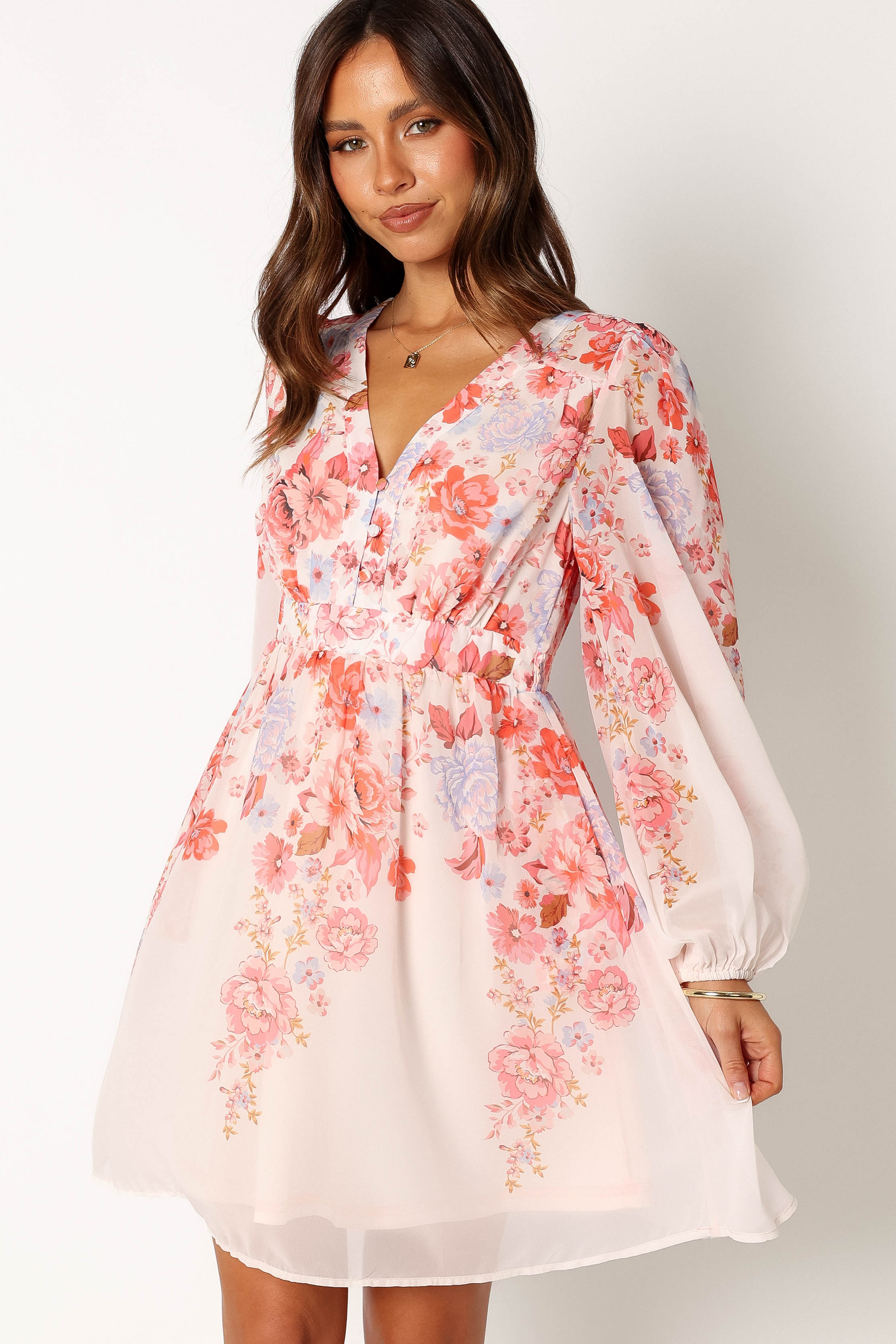 Hattie Long Sleeve Mini Dress - Pink Floral-Aur Fashion