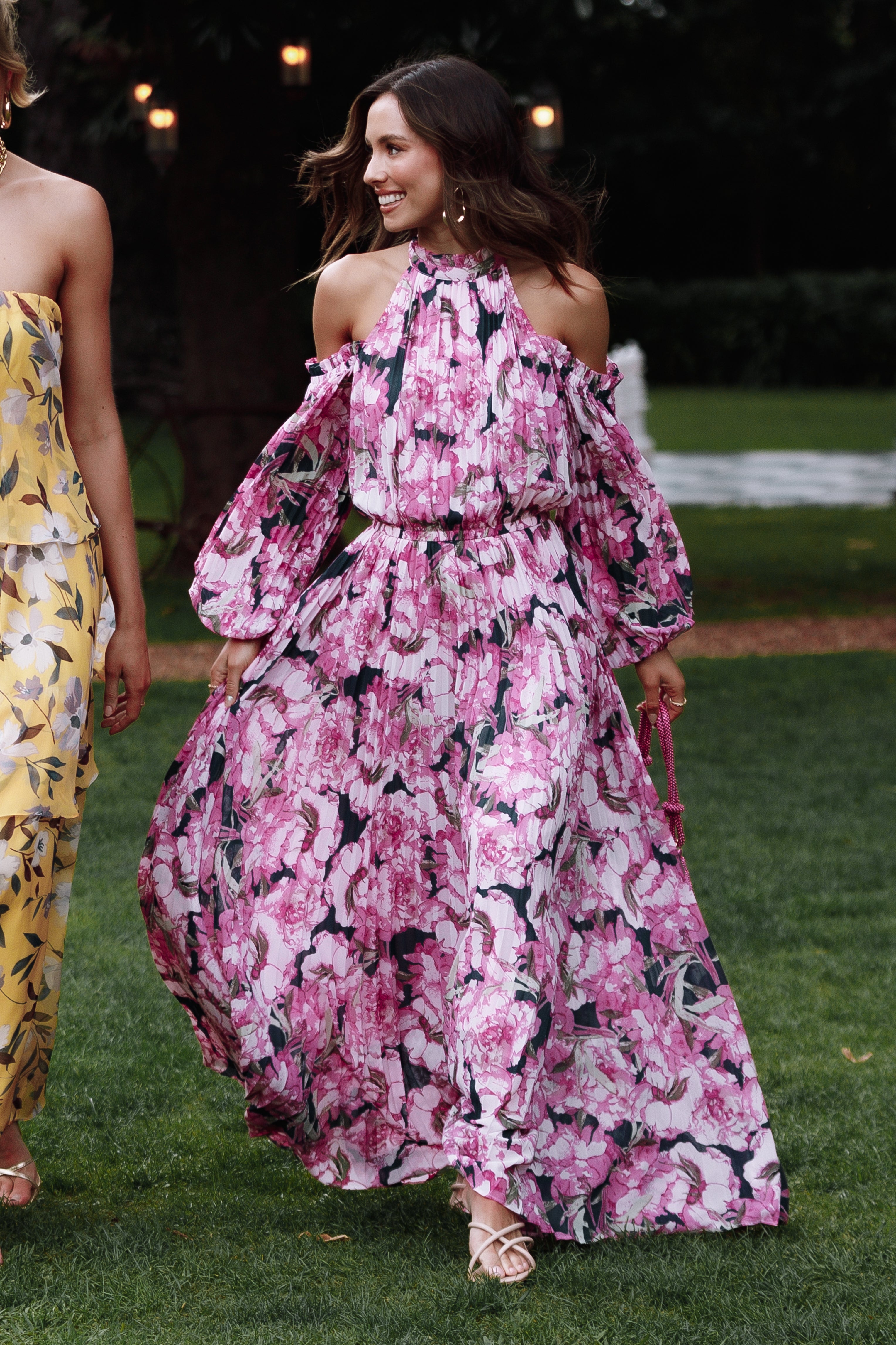 Hilary Pleated Maxi Dress - Pink Floral-Aur Fashion