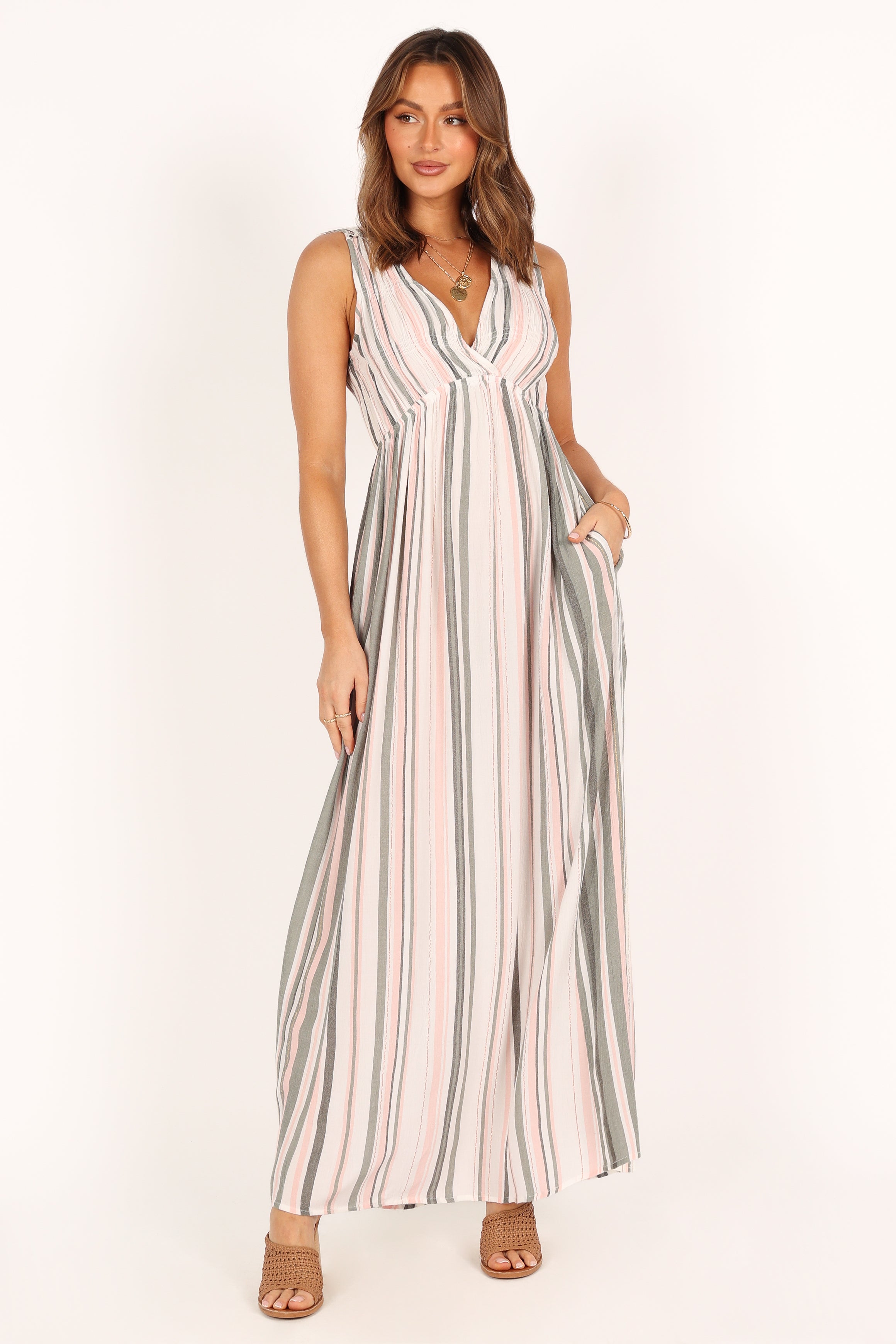 Judd V Neck Maxi Dress - Olive Stripe-Aur Fashion