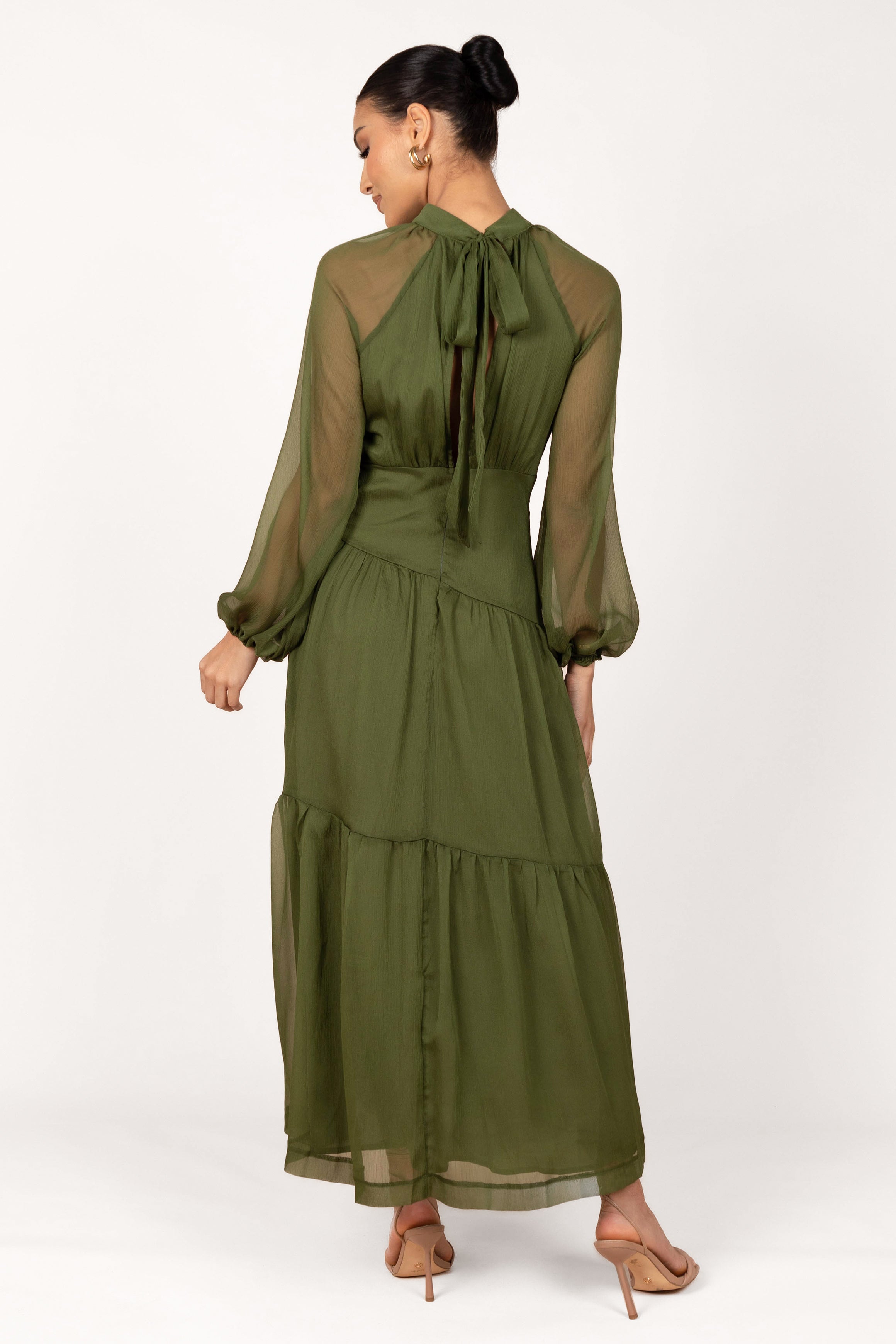 Julip Sheer Long Sleeve Maxi Dress - Olive-Aur Fashion