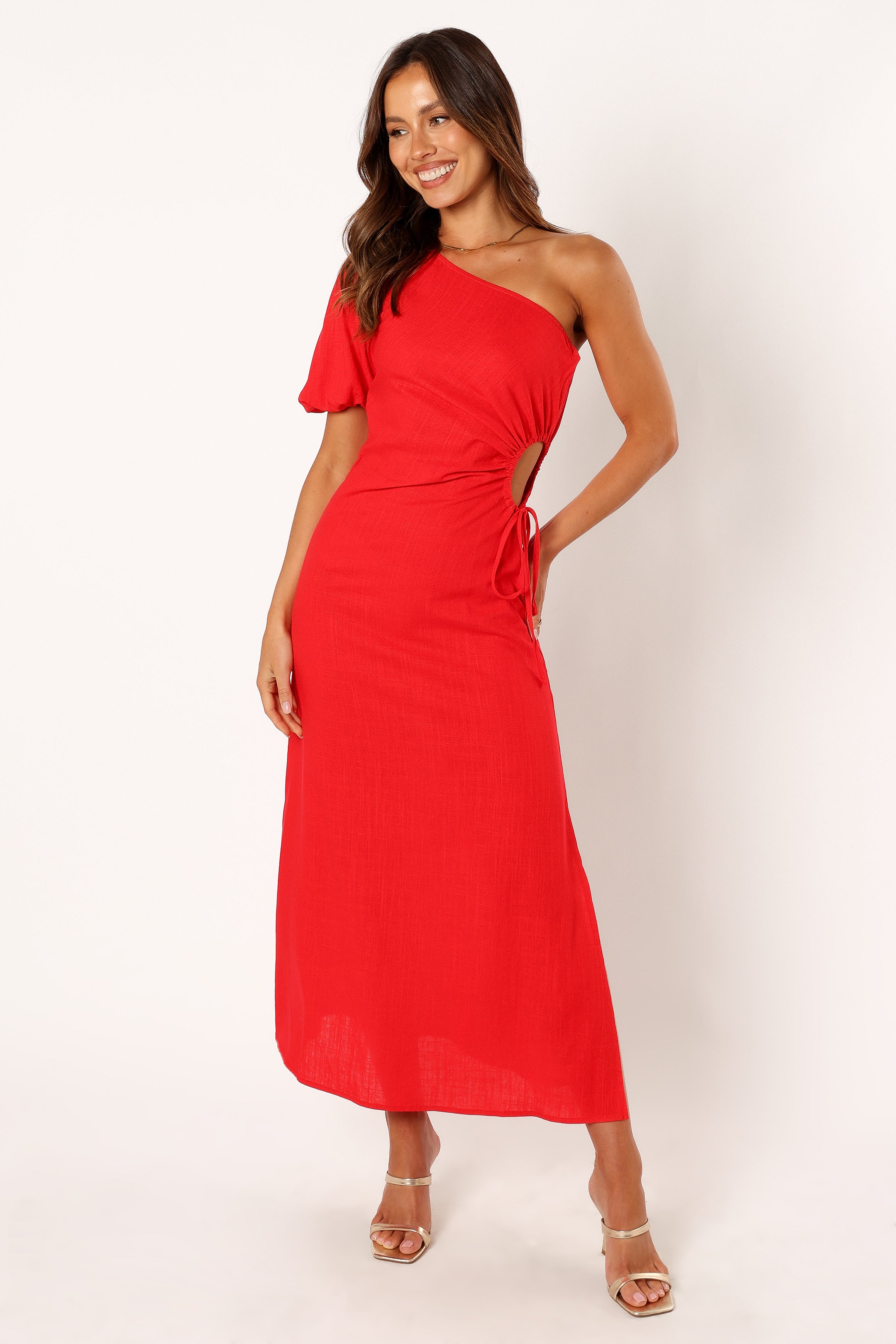 Kimmie One Shoulder Cut Out Midi Dress - Red-Aur Fashion