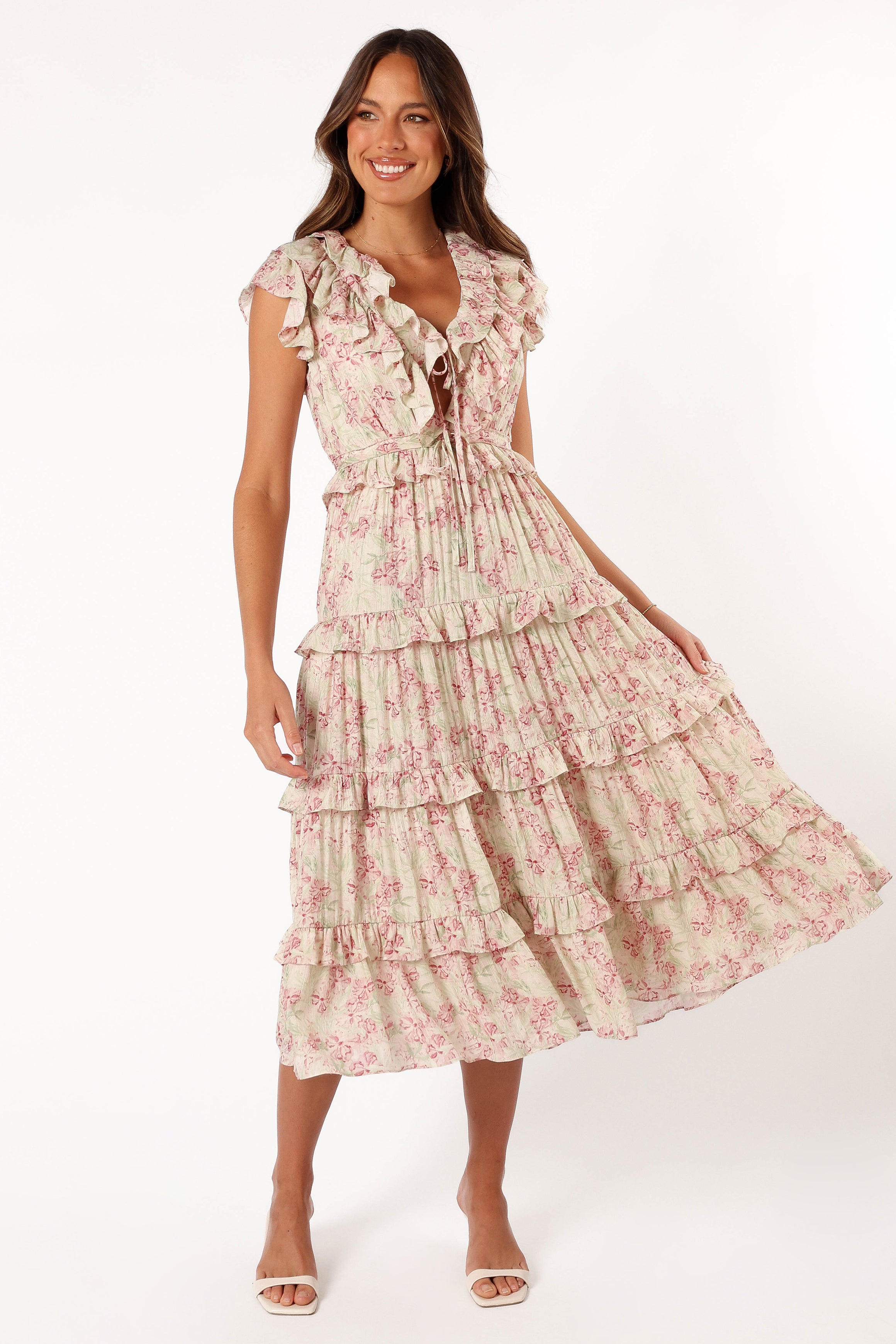 Levelle Midi Ruffle Dress - Ivory/Red Green Floral-Aur Fashion
