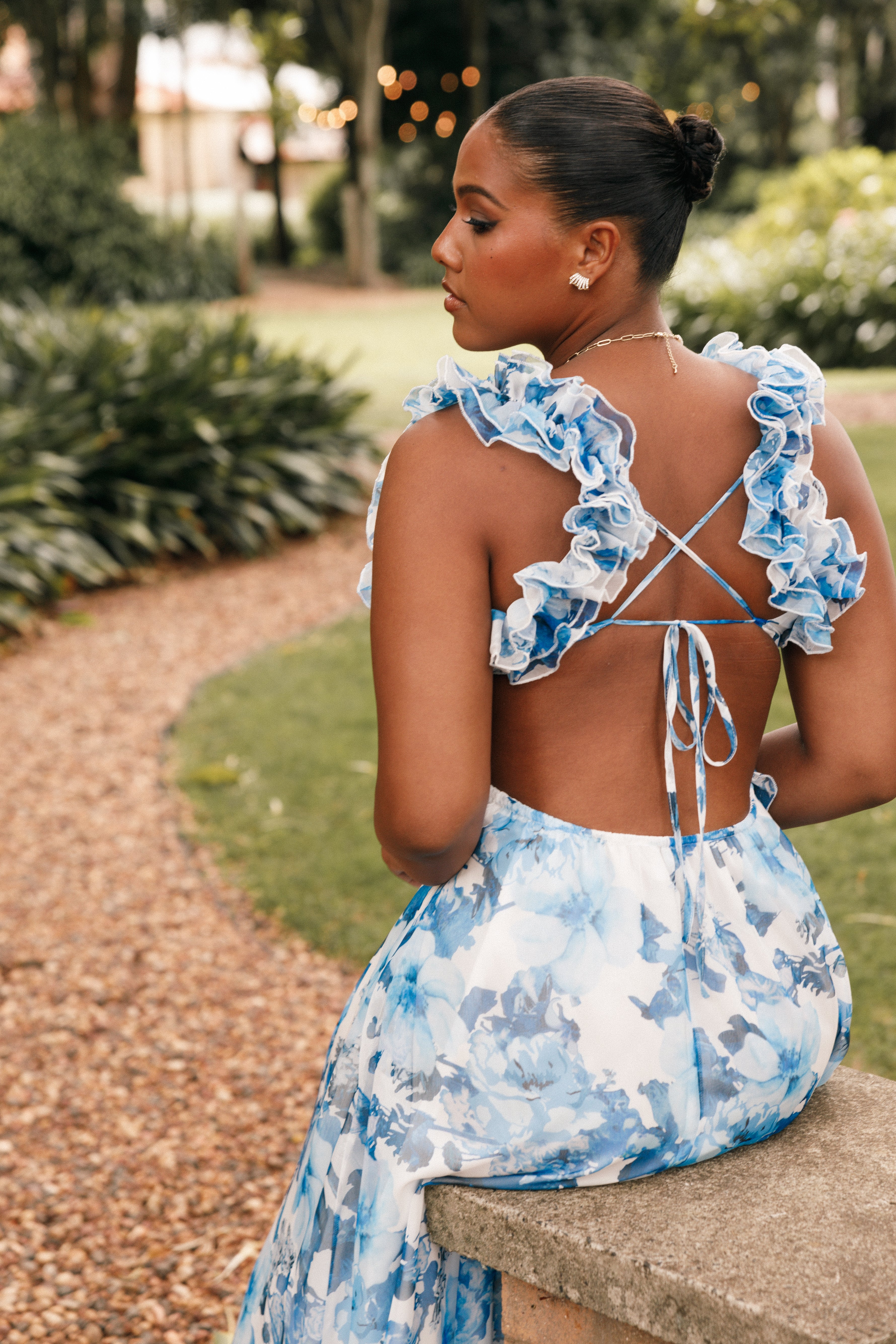 Lucah Frill Shoulder Maxi Dress - Blue White Floral-Aur Fashion