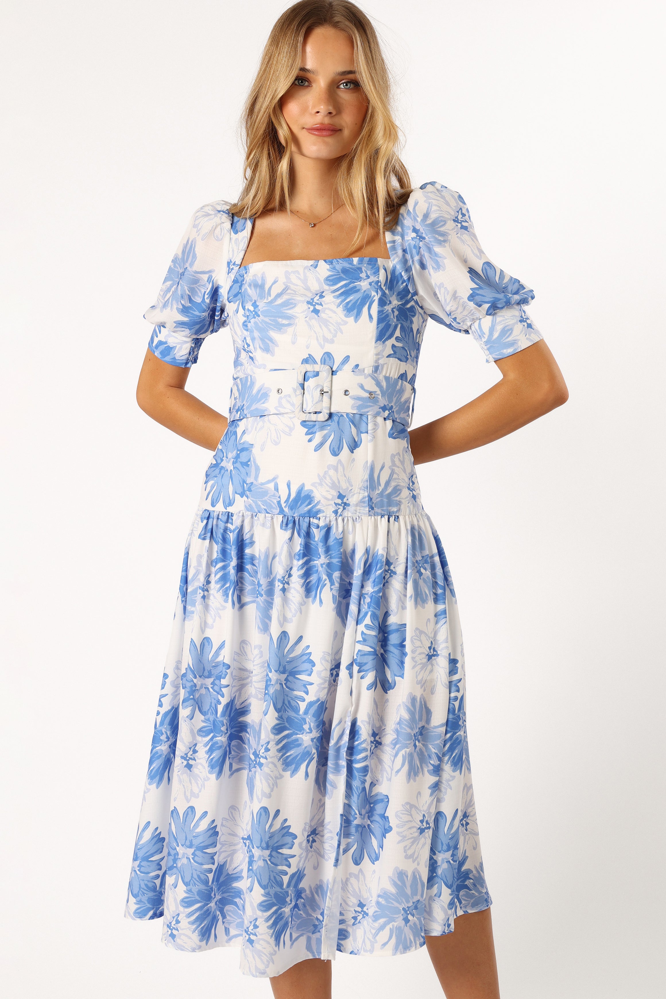 Magda Belted Midi Dress - Blue Floral-Aur Fashion