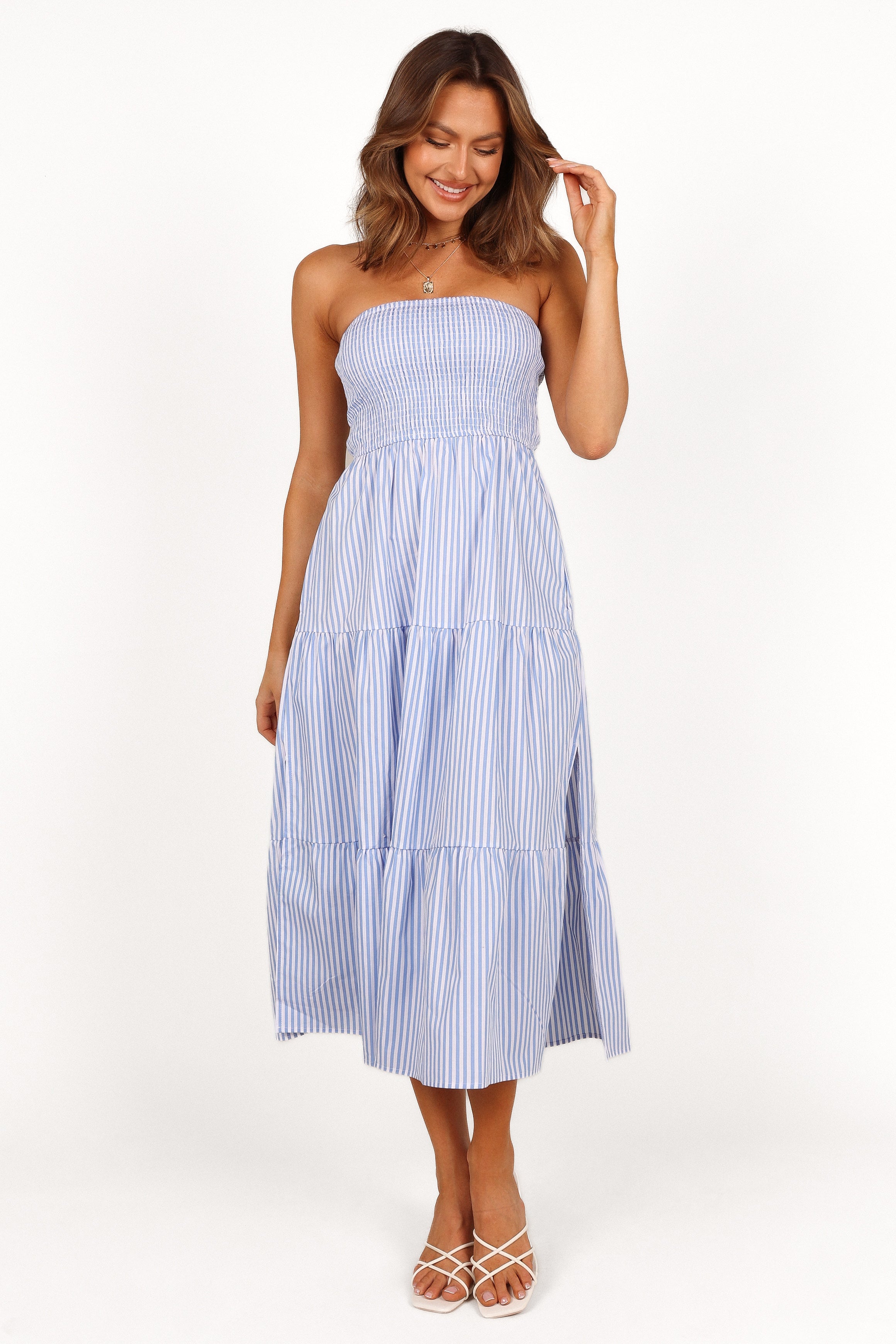 Maisie Strapless Midi Dress - Blue Stripe-Aur Fashion