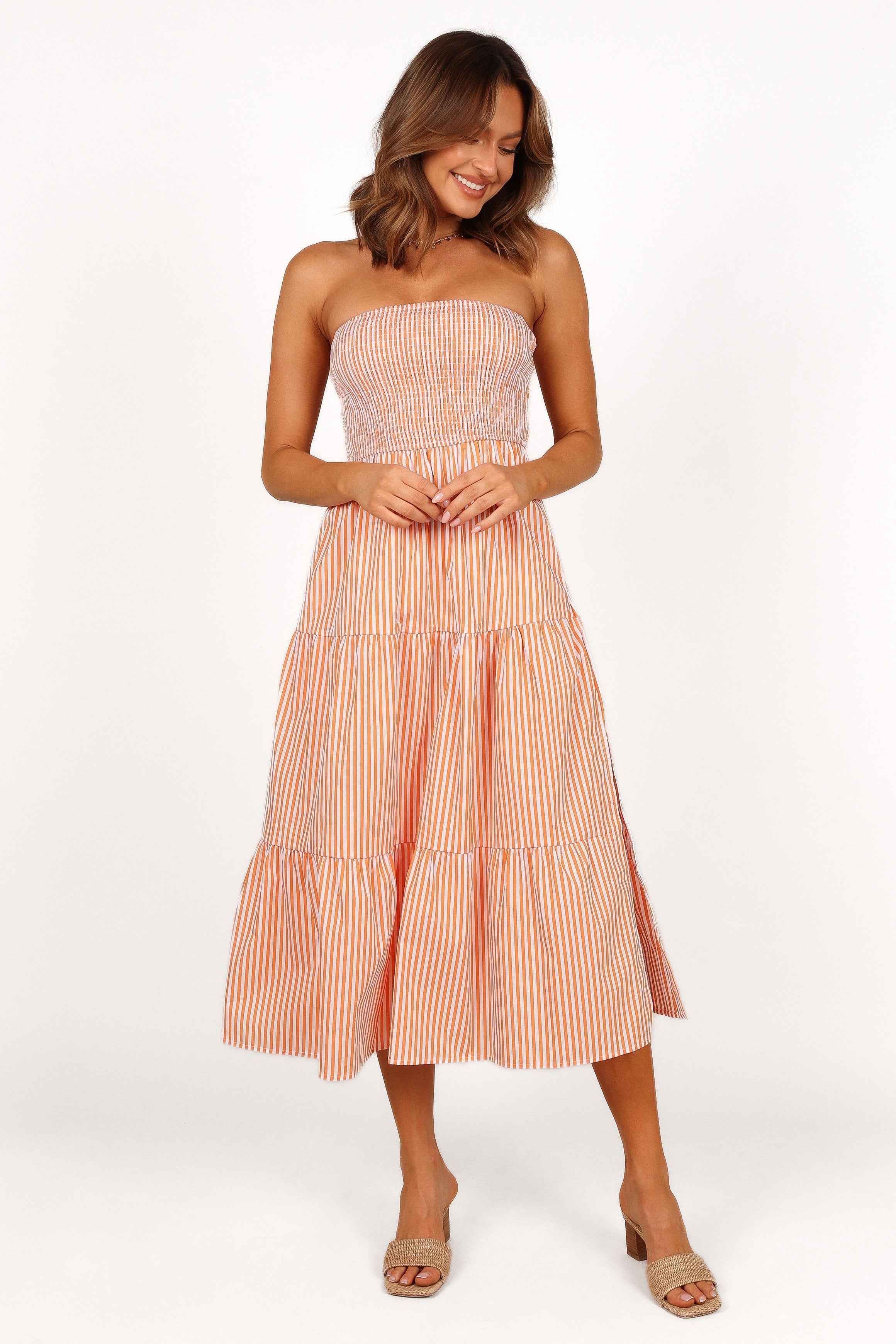Maisie Strapless Midi Dress - Orange Stripe-Aur Fashion