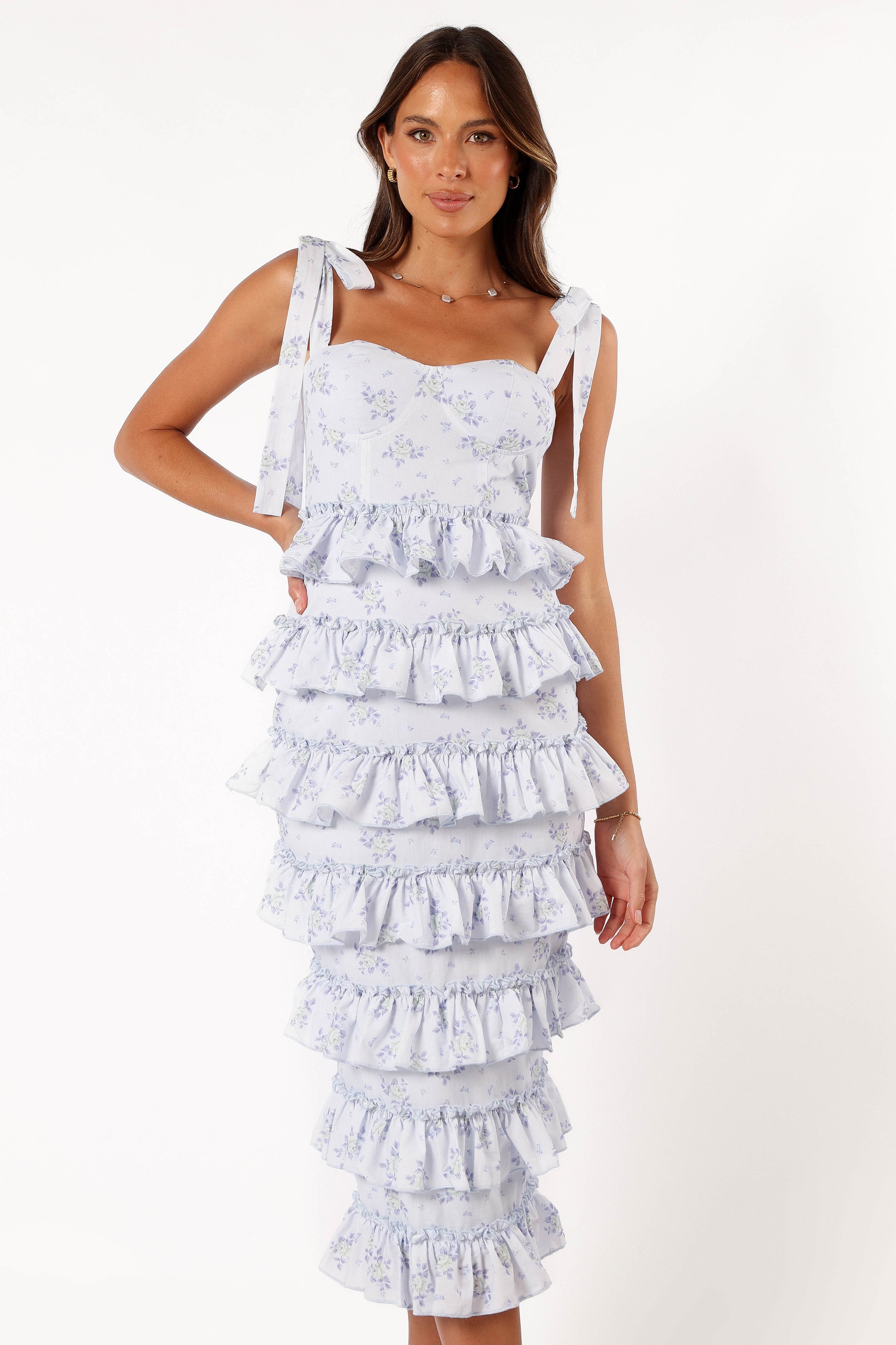 Marina Frilled Midi Dress - Blue Floral-Aur Fashion