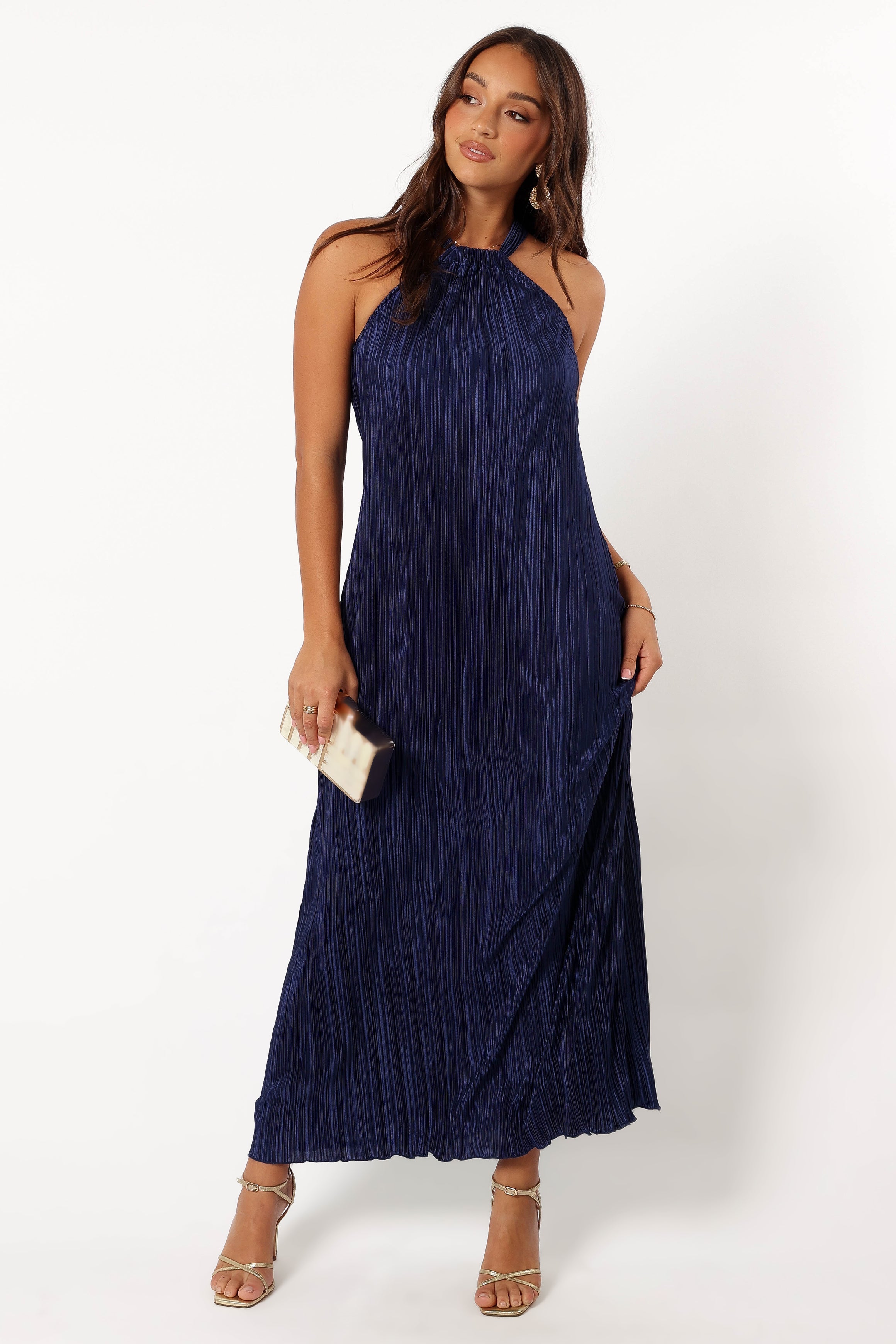 Melody Plisse Halter Maxi Dress - Navy-Aur Fashion