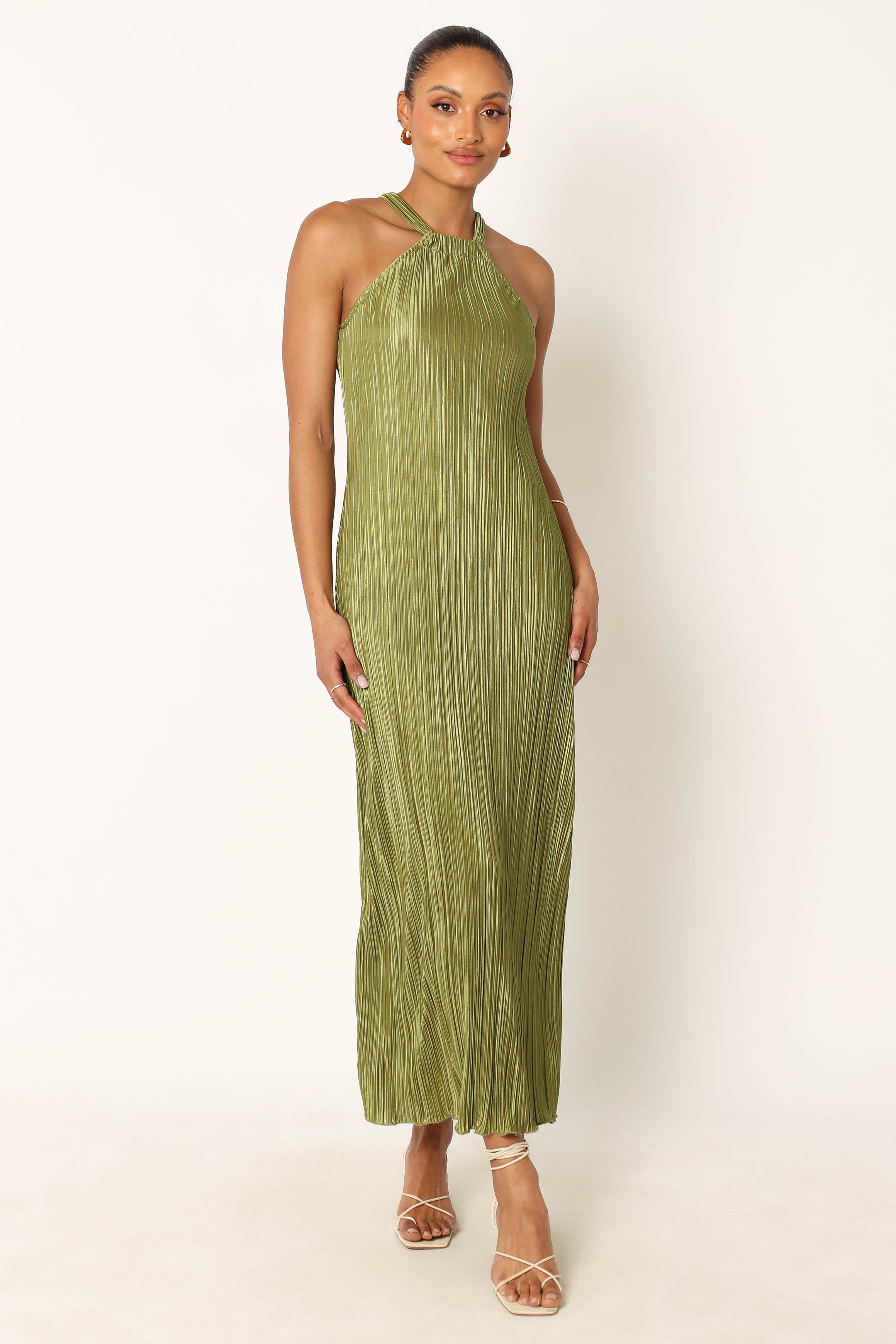 Melody Plisse Halter Maxi Dress - Olive-Aur Fashion
