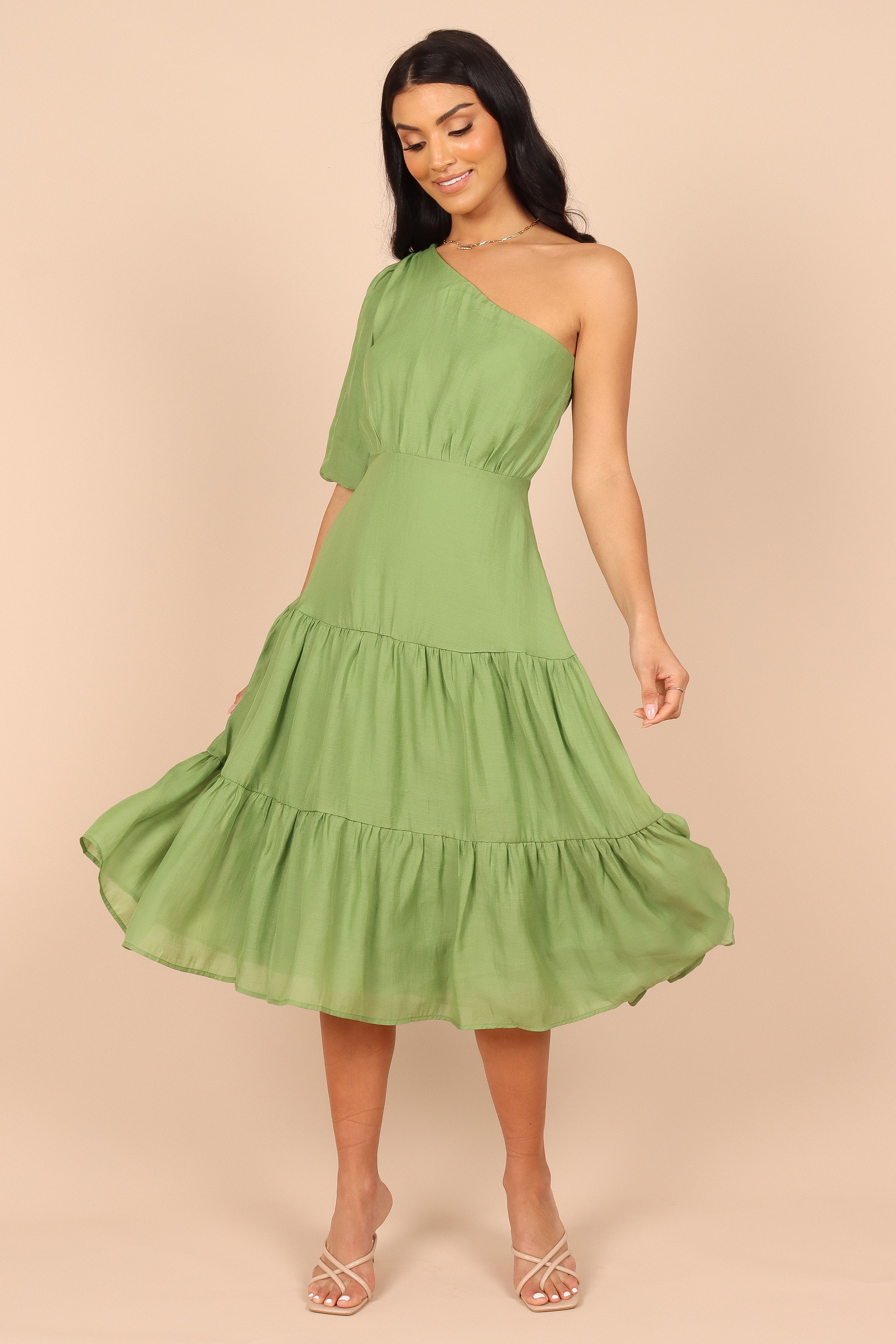 Milla One Shoulder Tiered Midi Dress - Green-Aur Fashion