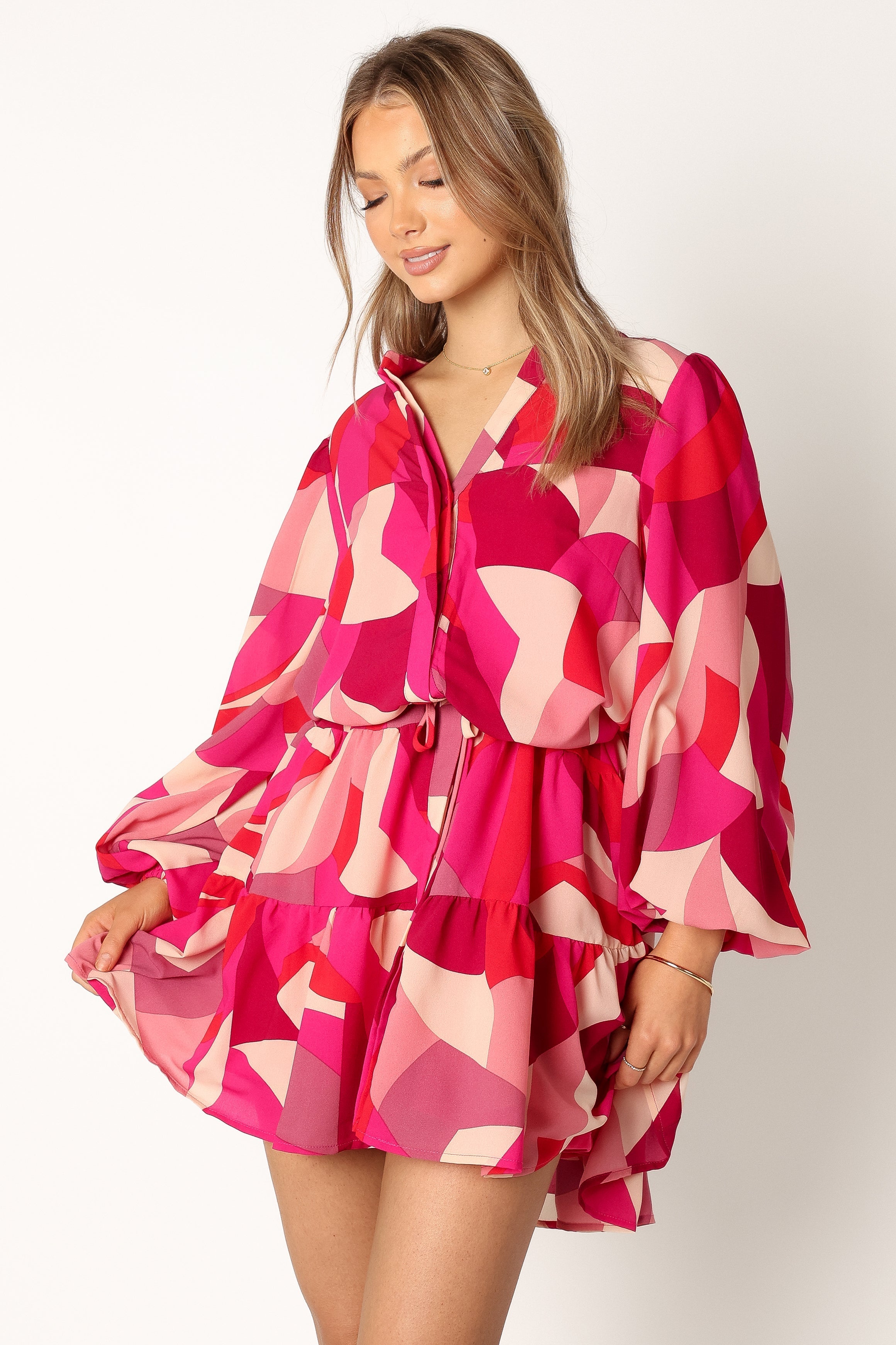Milly Long Sleeve Mini Dress - Red Magenta-Aur Fashion