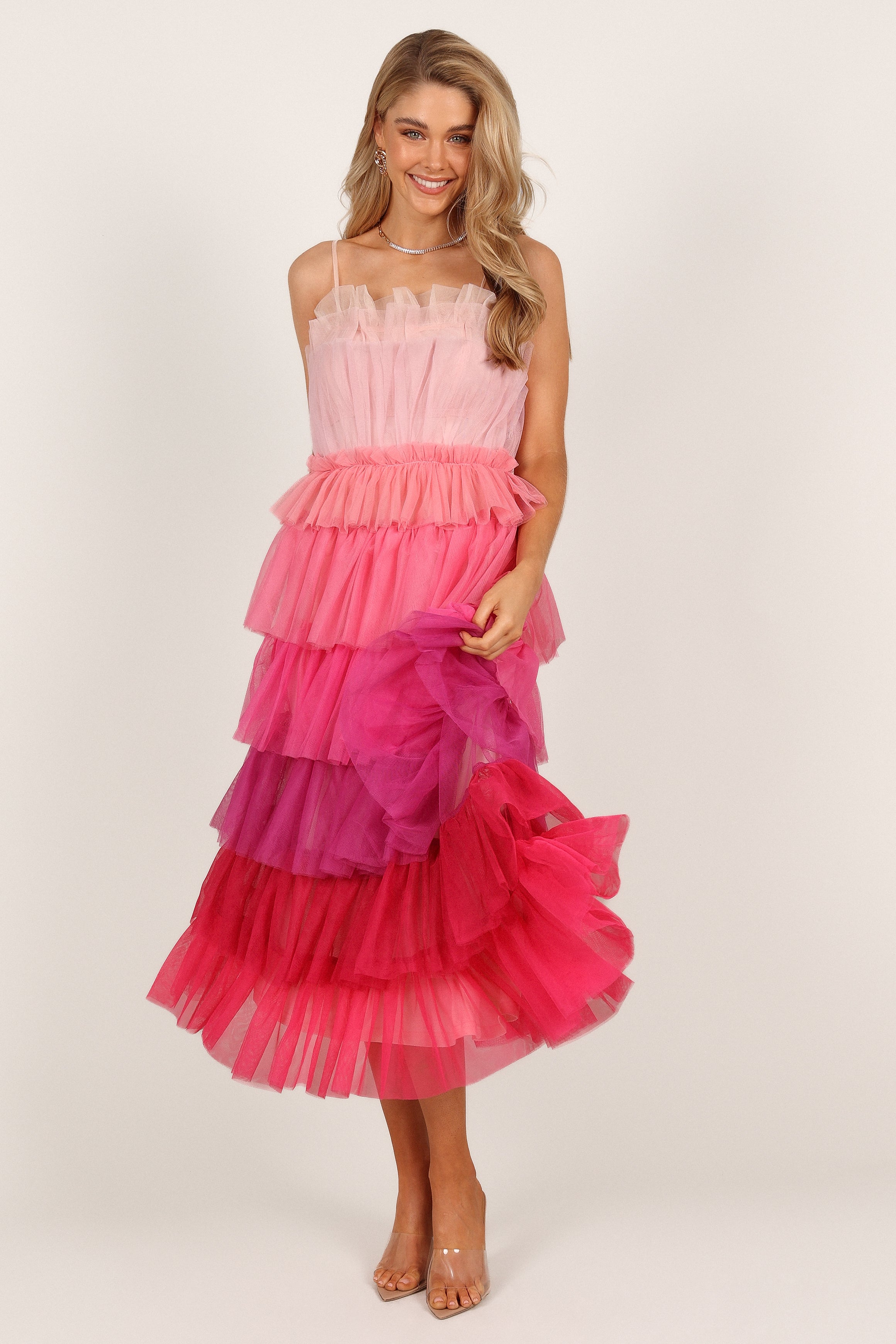 Minnie Tiered Tulle Midi Dress - Pink-Aur Fashion
