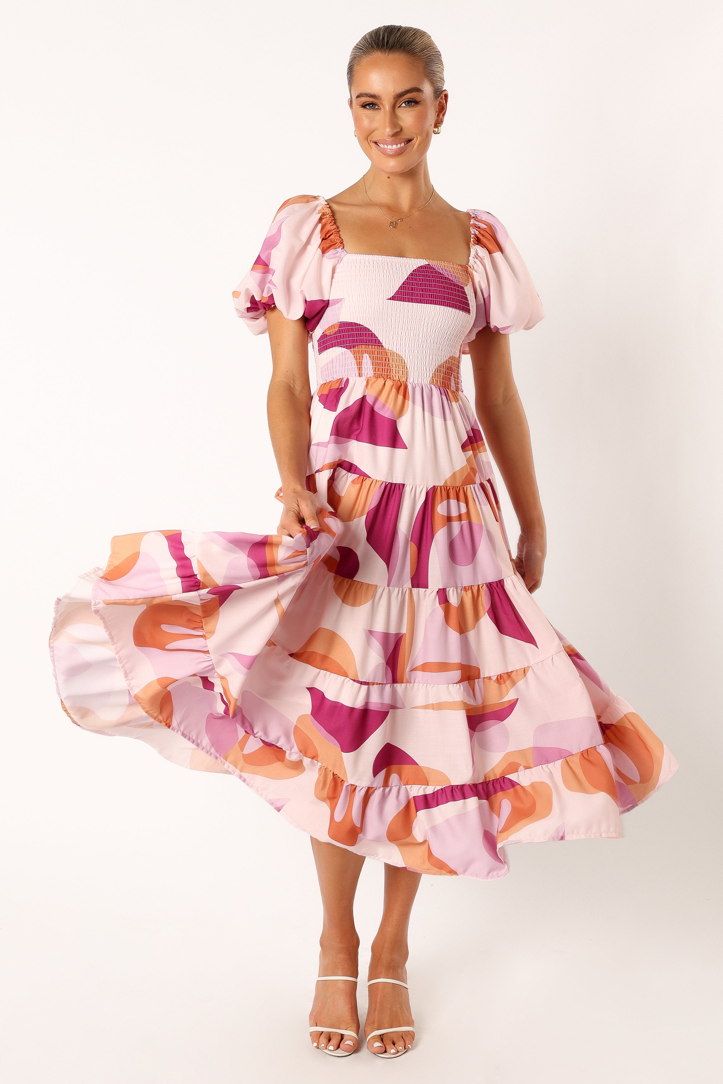 Mollie Puff Sleeve Midi Dress - Pink Swirl-Aur Fashion