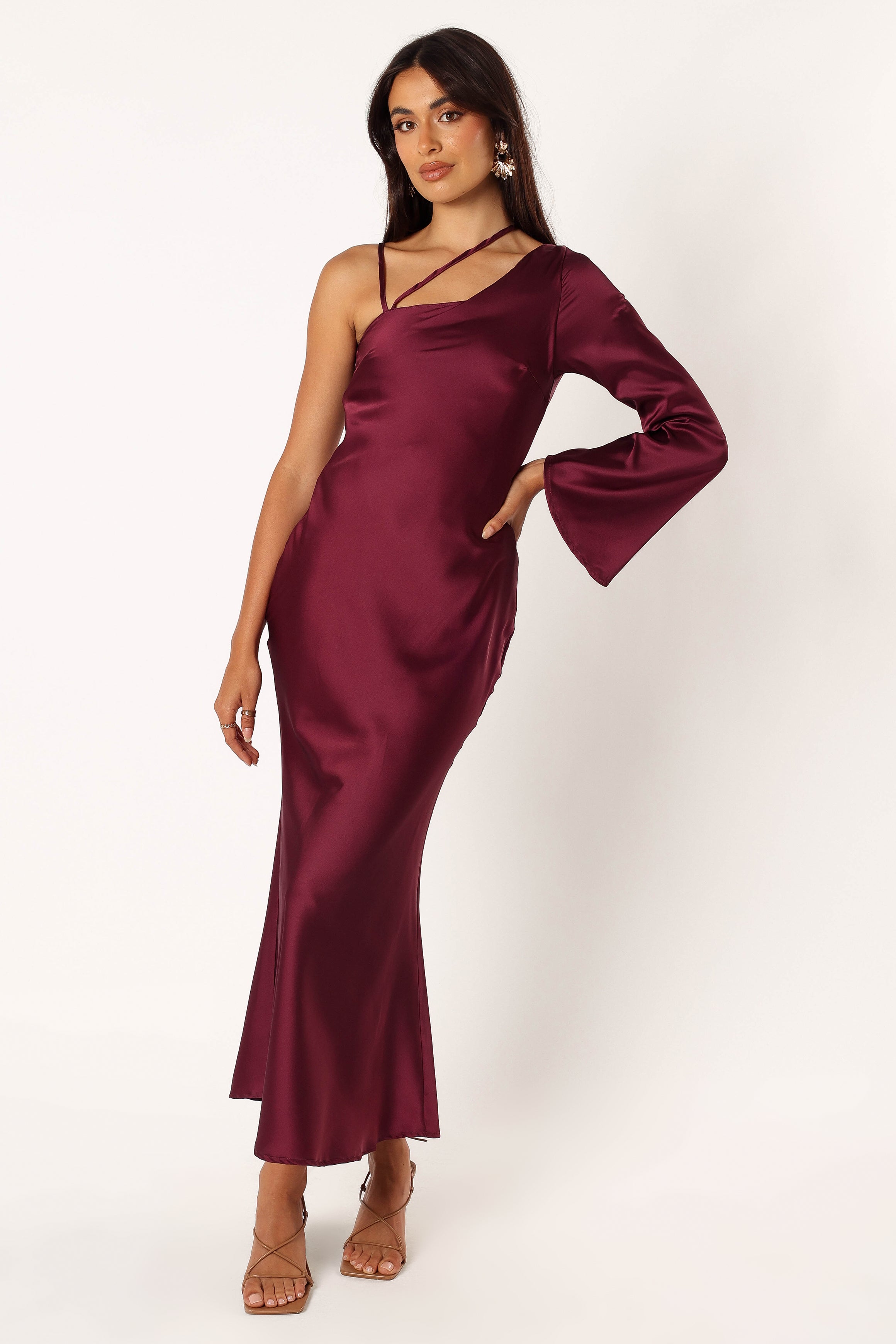 Moly One Shoulder Midi Dress - Wine-Aur Fashion