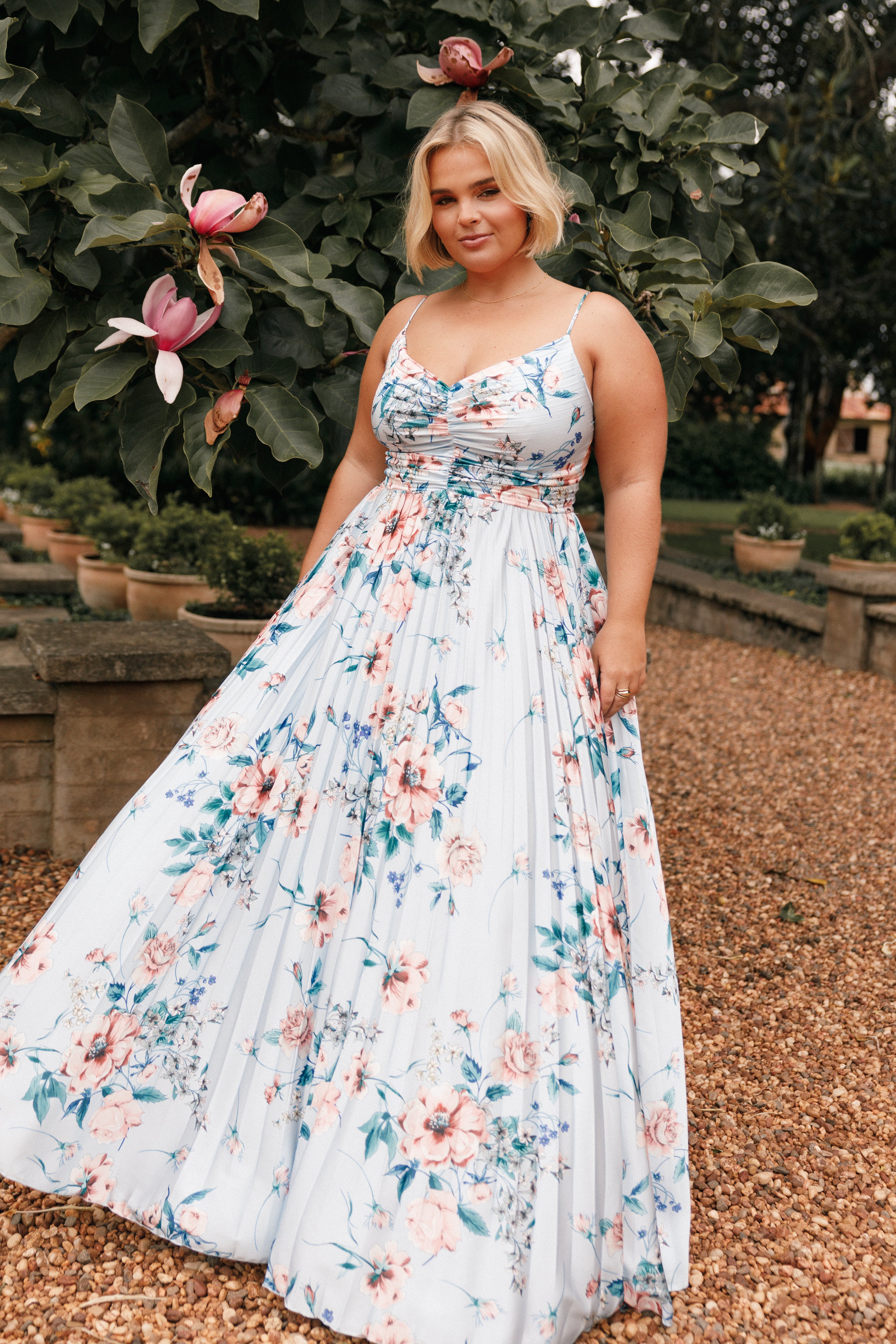 Naira Pleated Maxi Dress - Blue Floral-Aur Fashion