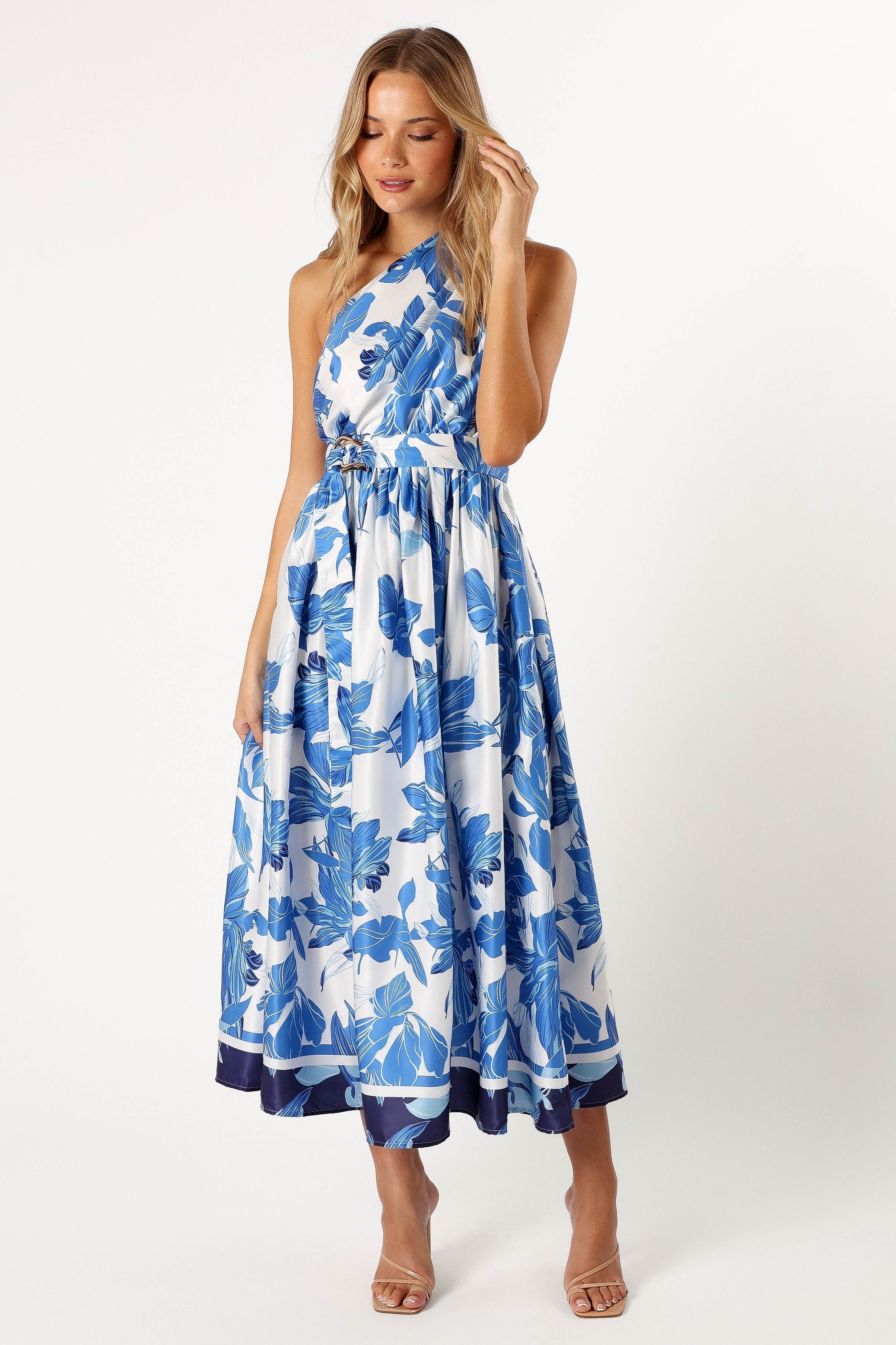Naomi One Shoulder Midi Dress - Blue Floral-Aur Fashion