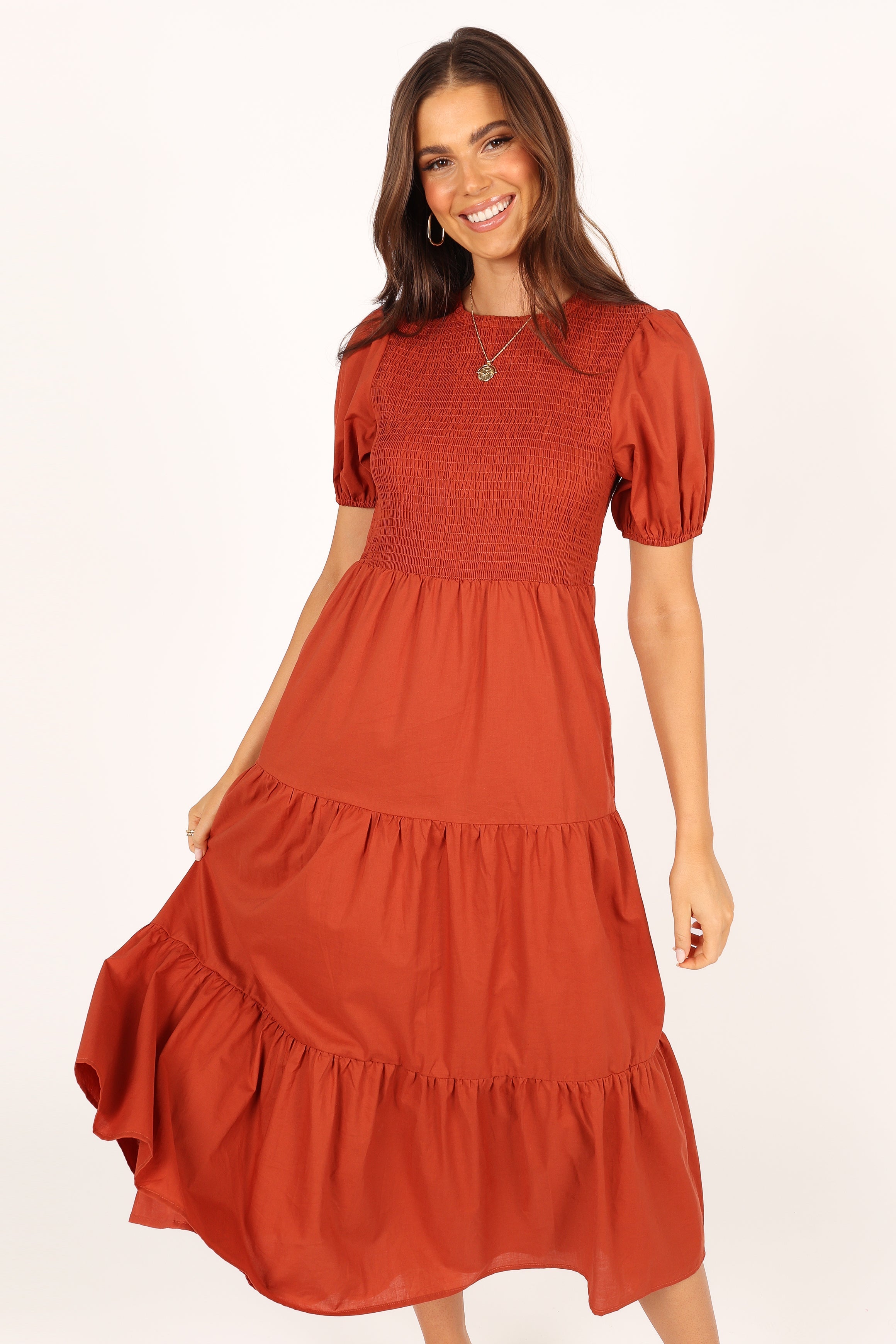 Naura Shirred Tiered Midi Dress - Rust-Aur Fashion