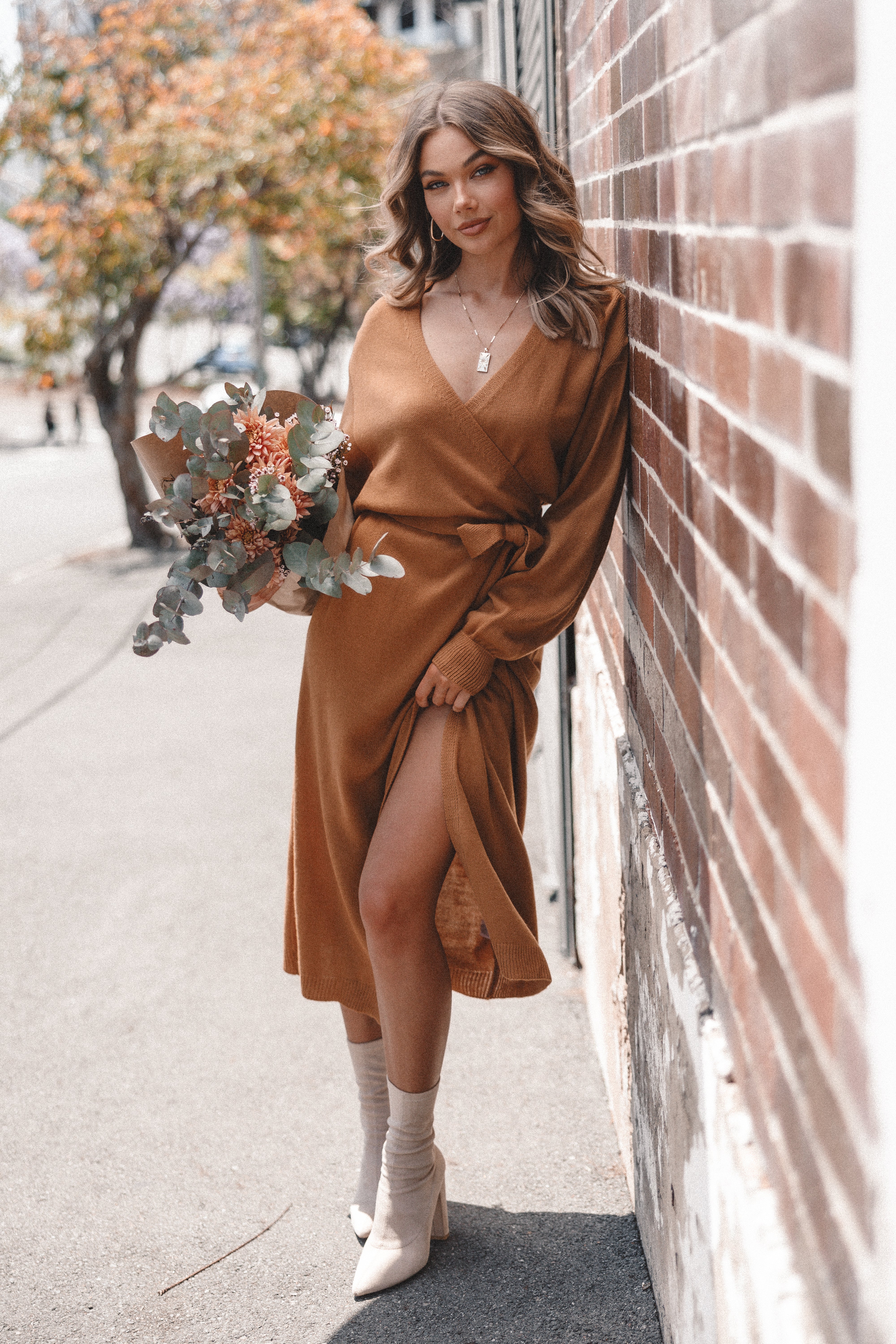 Nova Wrap Knit Midi Dress - Camel-Aur Fashion