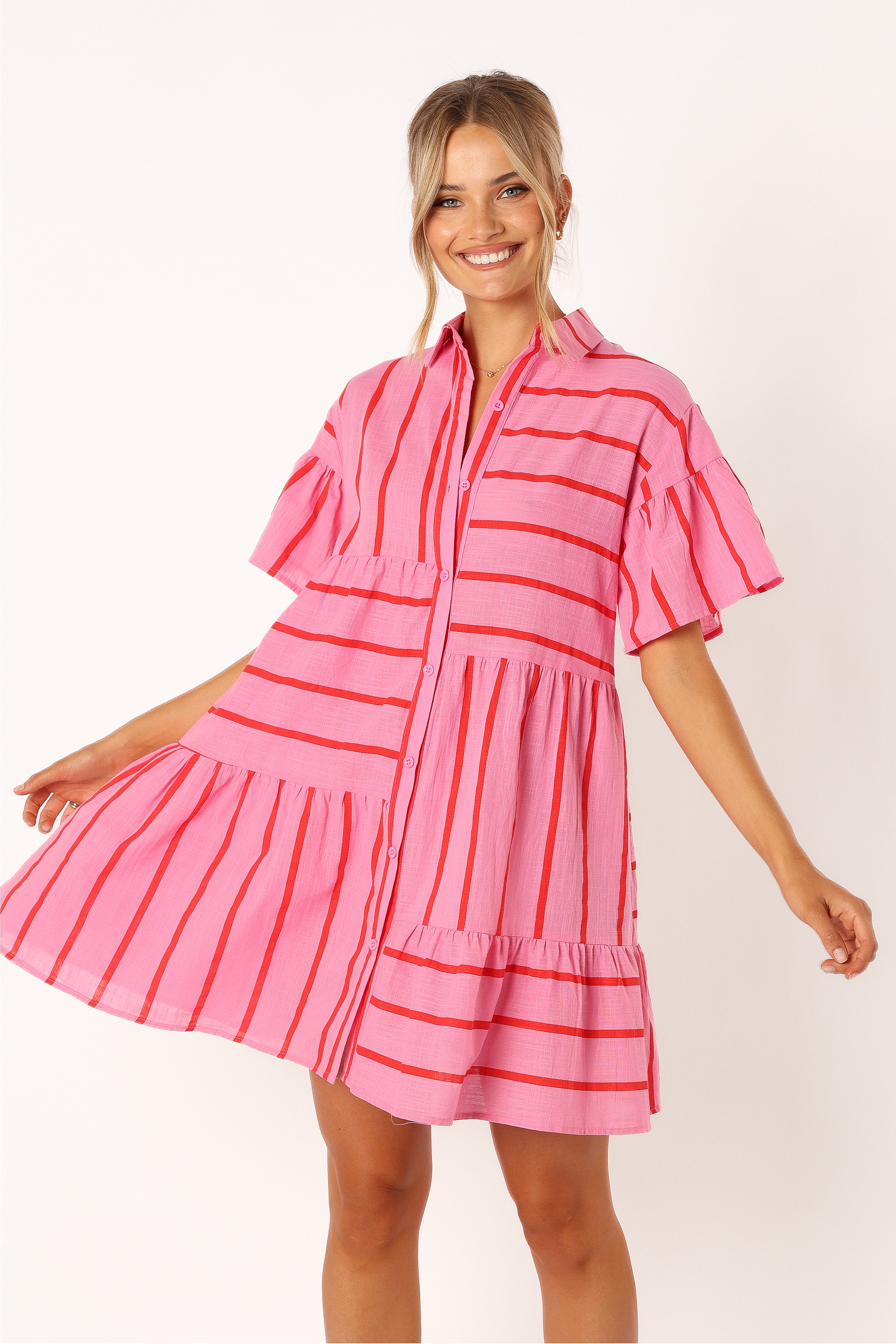 Peachy Mini Linen Dress - Pink Red-Aur Fashion