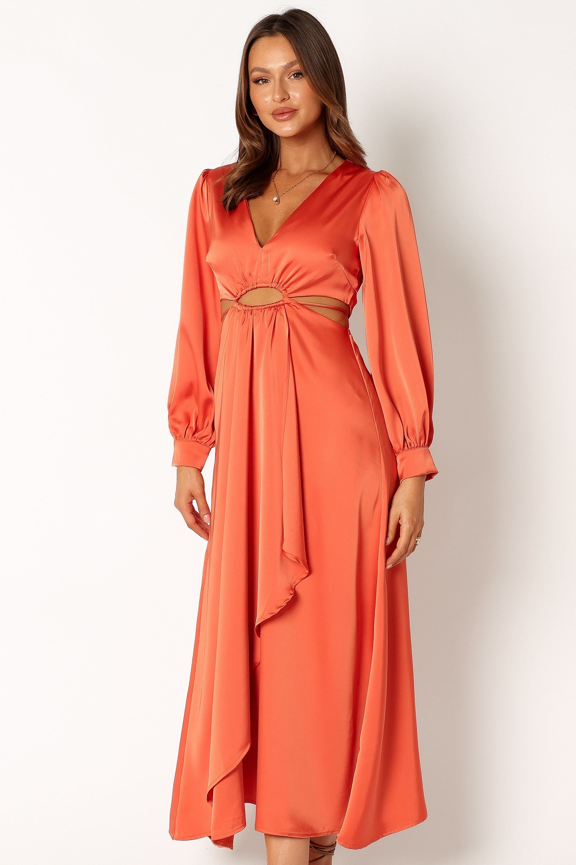 Peyton Long Sleeve Midi Dress - Orange-Aur Fashion