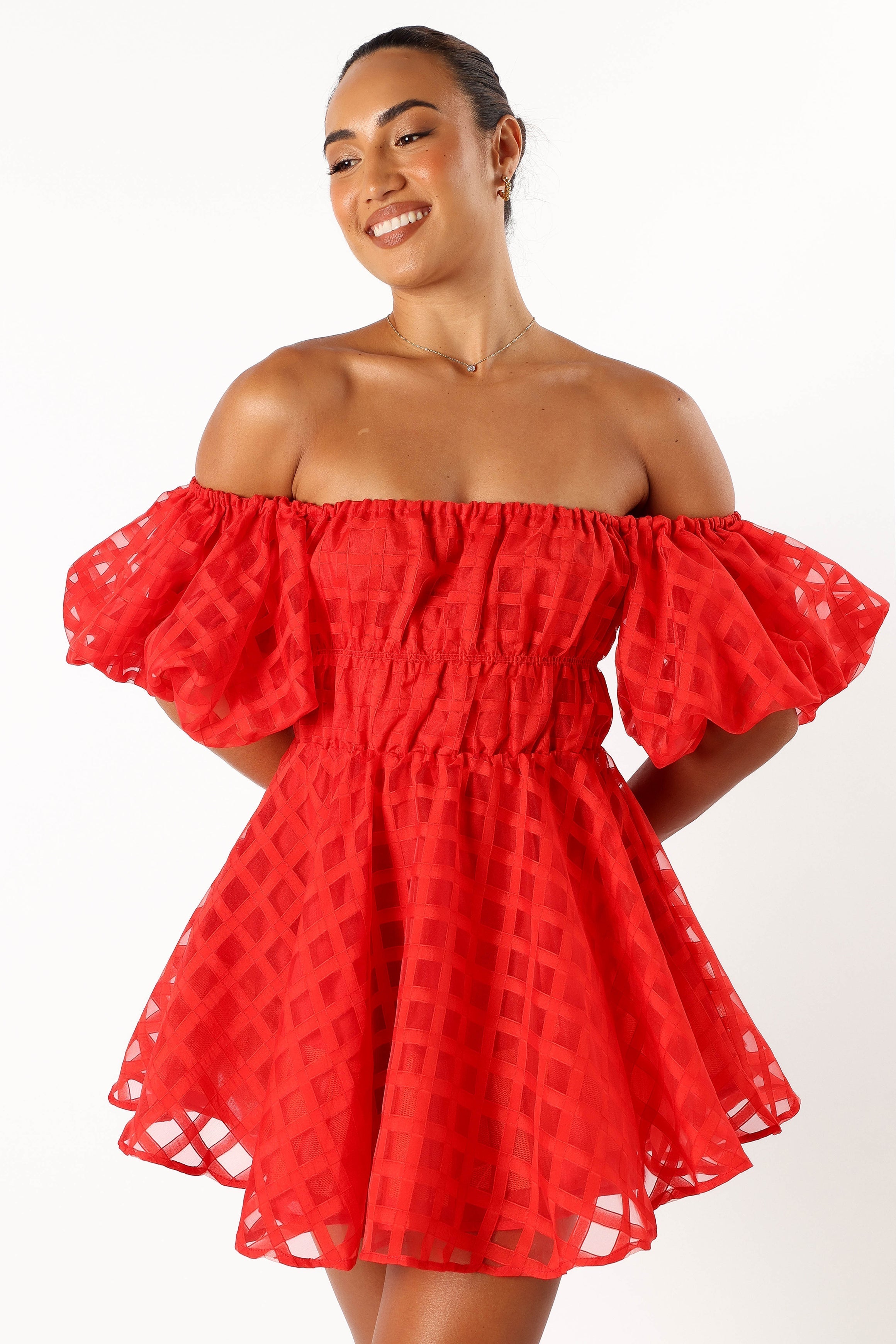 Philia Off Shoulder Mini Dress - Red-Aur Fashion