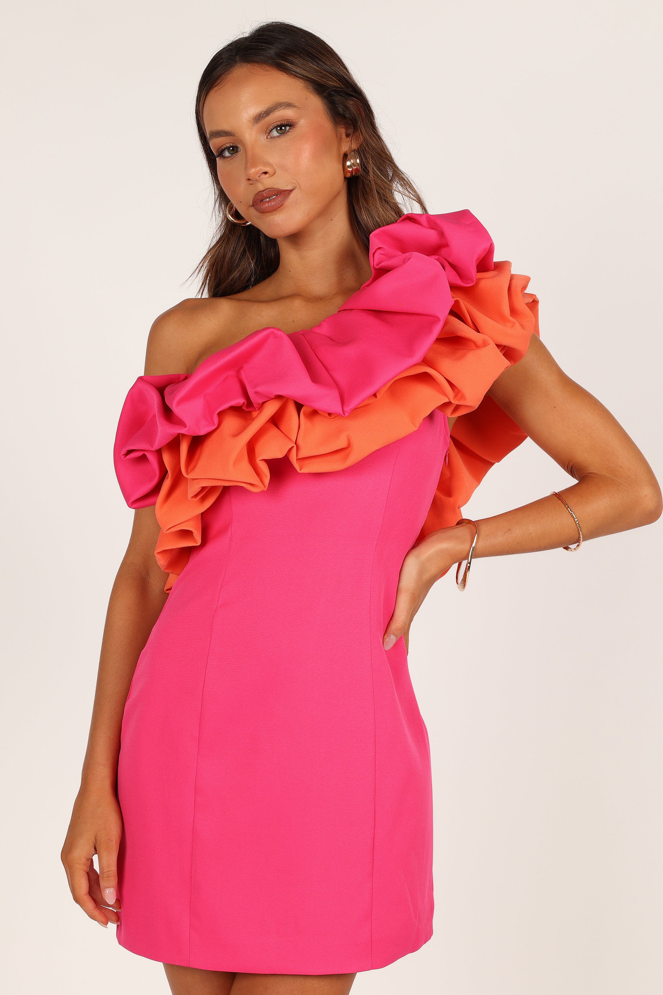 Phoebe One Shoulder Mini Dress - Pink/Orange-Aur Fashion