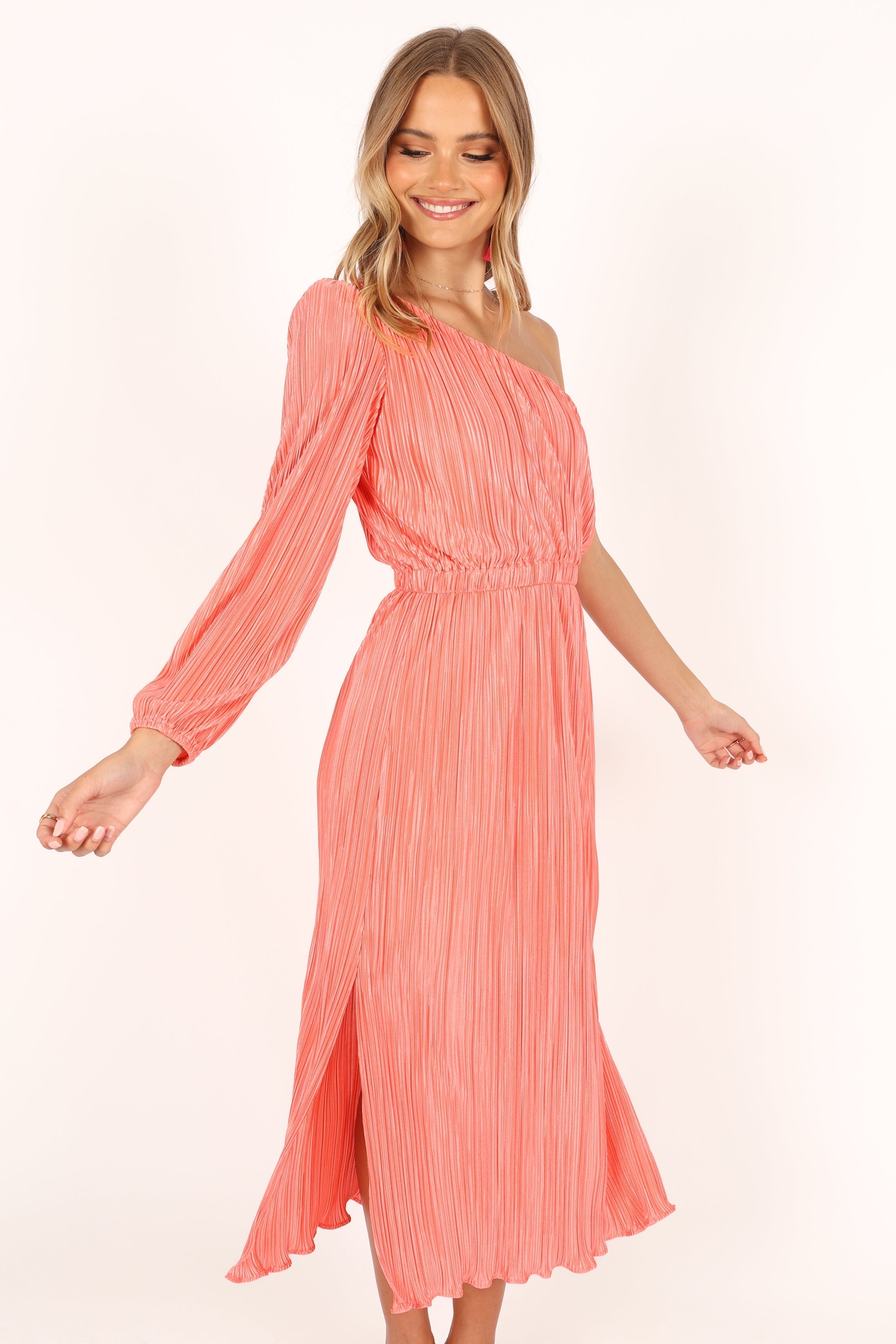 Pontee One Shoulder Pleated Midi Dress - Coral-Aur Fashion