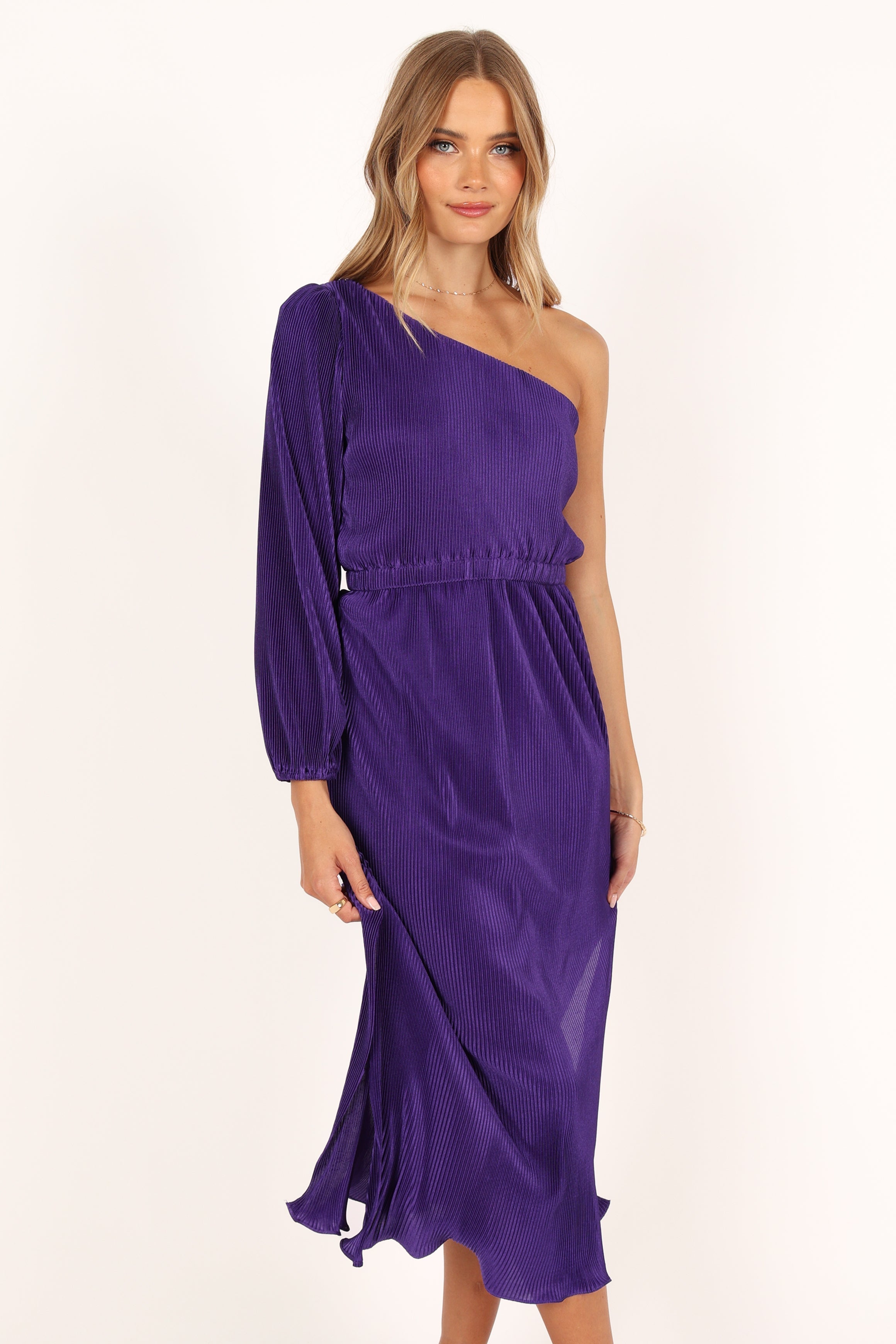 Pontee One Shoulder Pleated Midi Dress - Purple-Aur Fashion