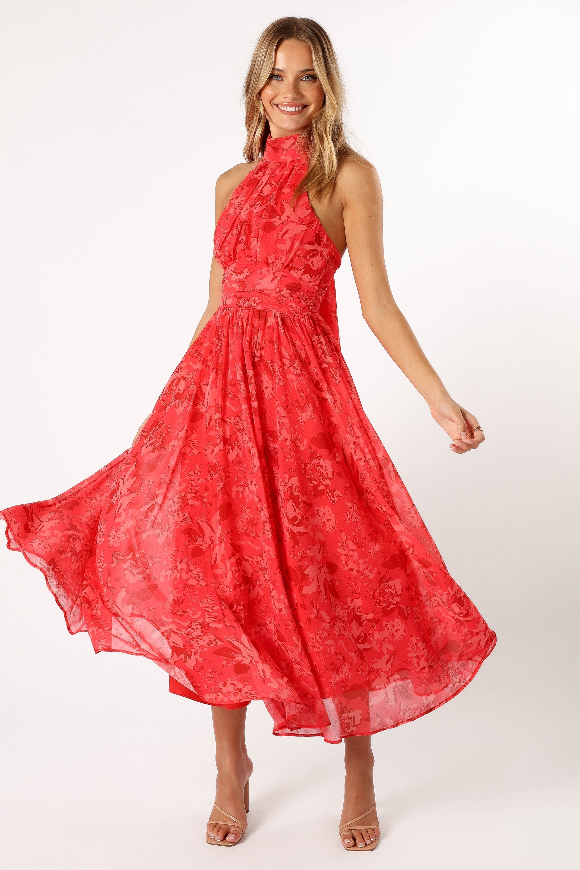 Primrose Halterneck Maxi Dress - Red Floral-Aur Fashion