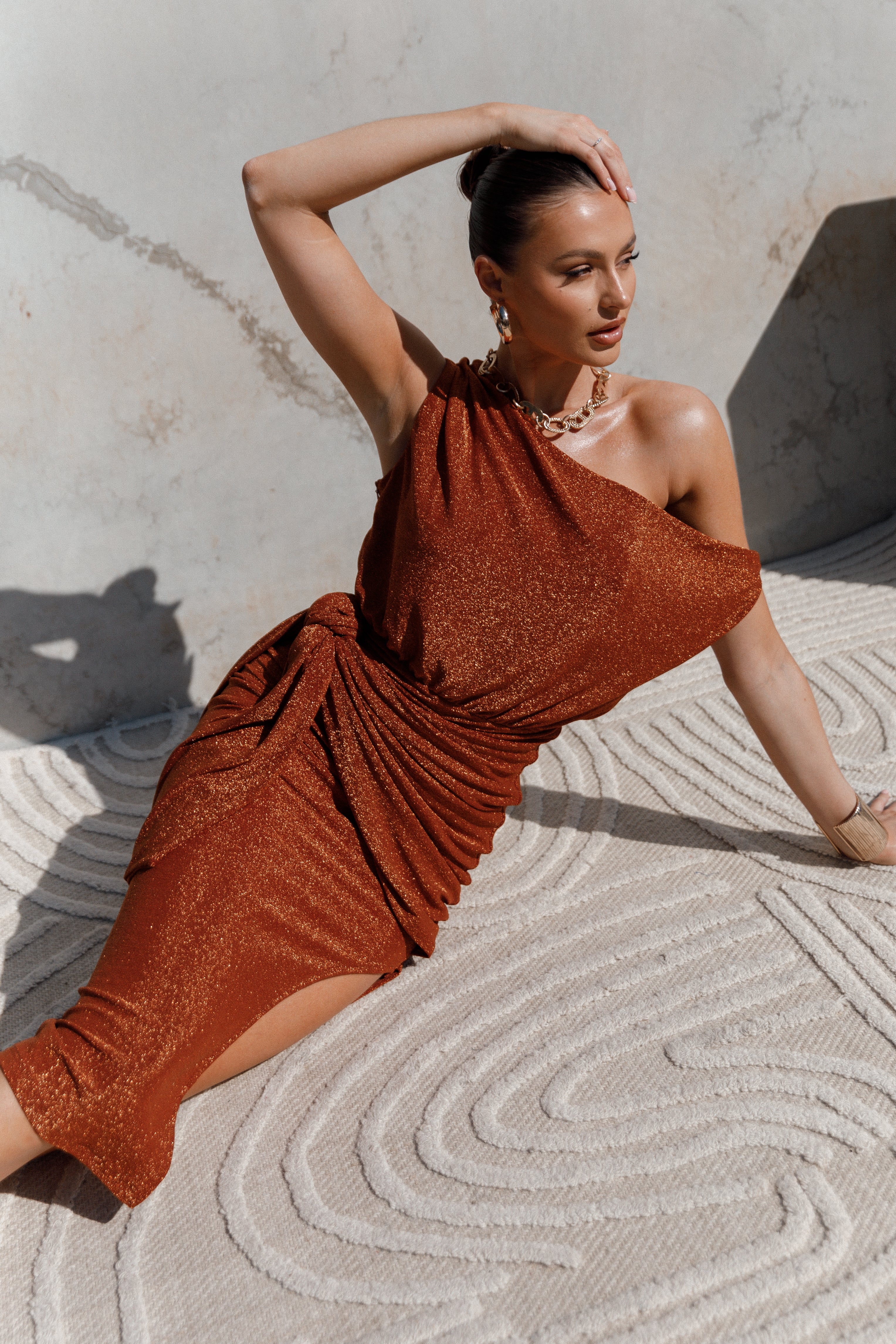 Santiago Off Shoulder Midi Dress - Bronze-Aur Fashion