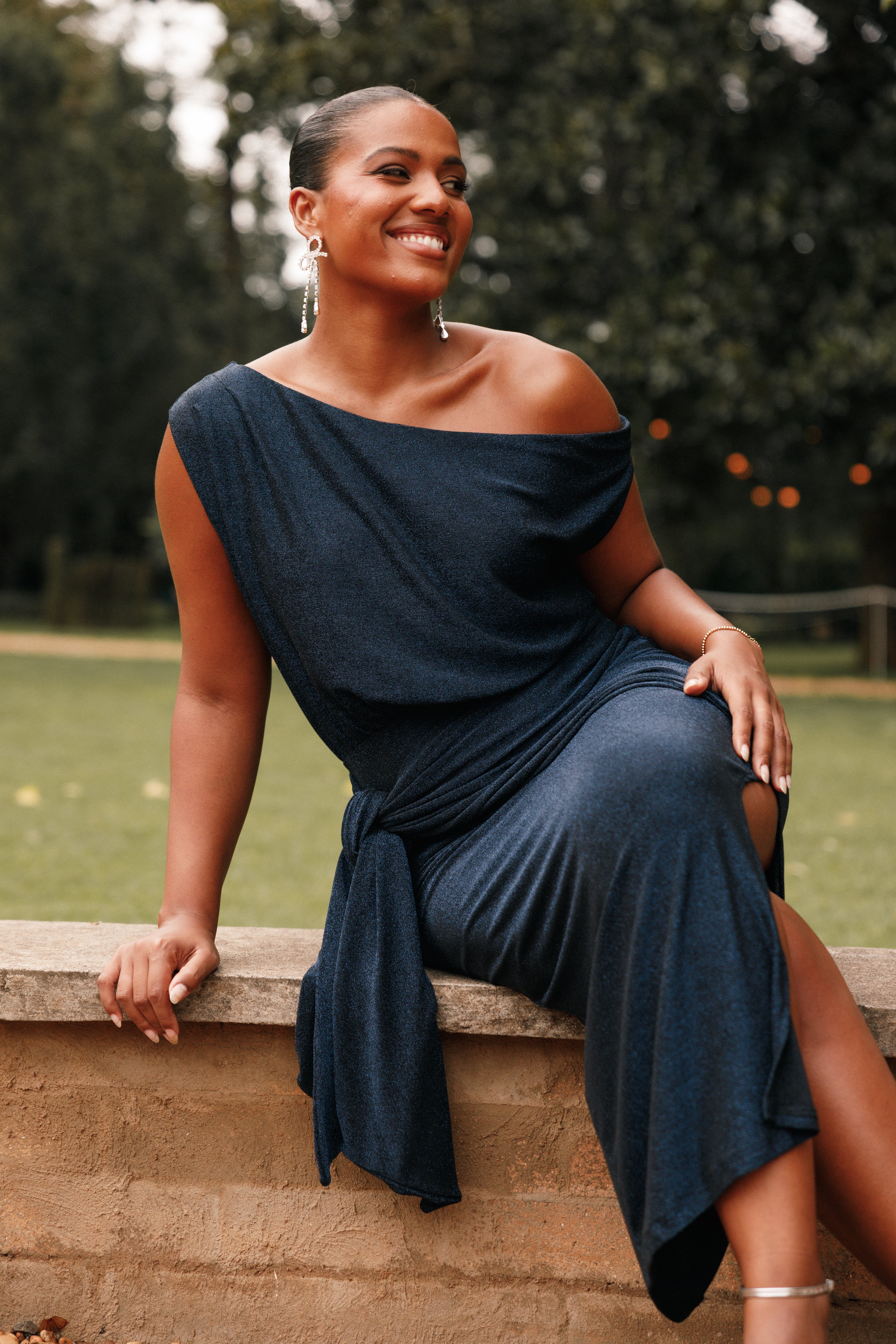 Santiago Off Shoulder Midi Dress - Navy-Aur Fashion