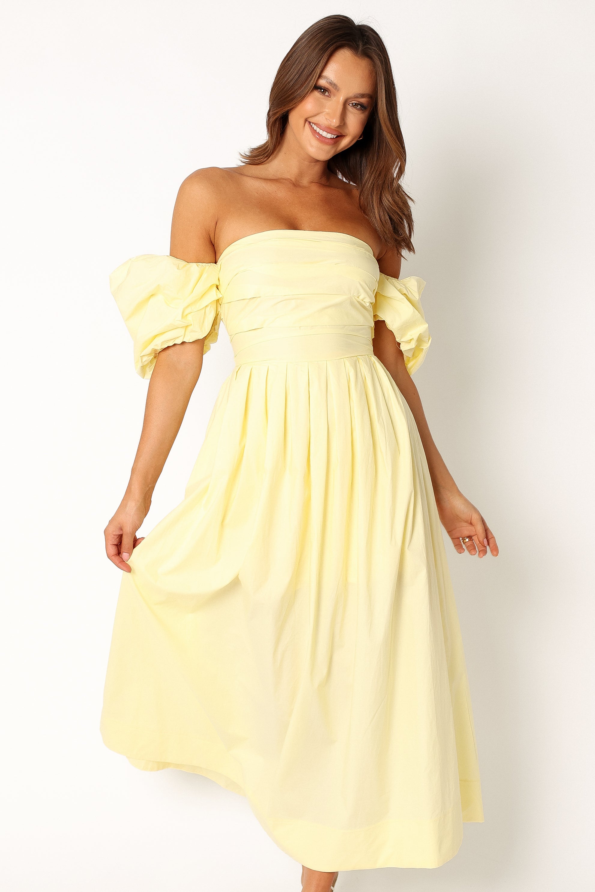 Solana Off Shoulder Midi Dress - Yellow-Aur Fashion