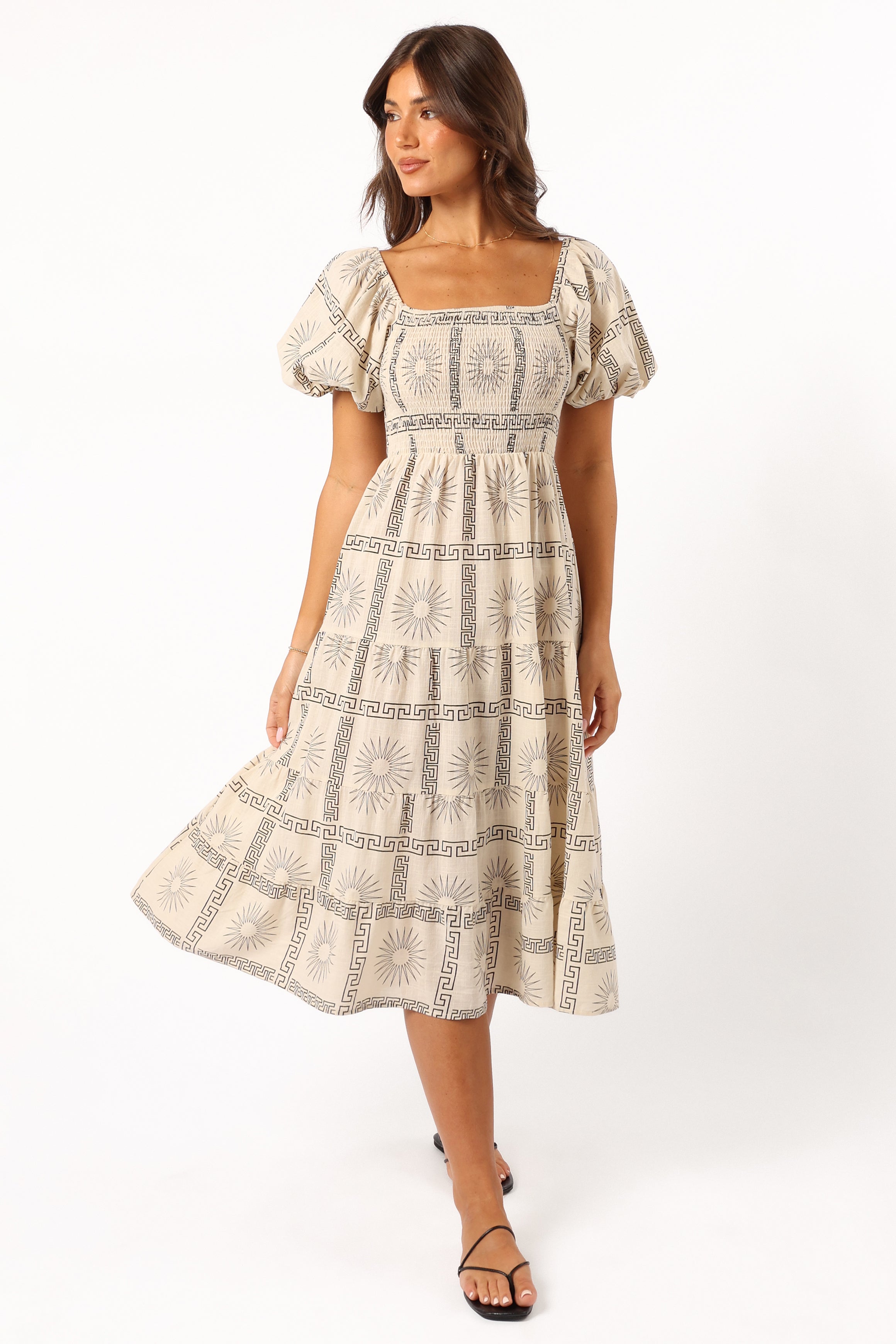 Soliel Puff Sleeve Midi Dress - Beige Black-Aur Fashion
