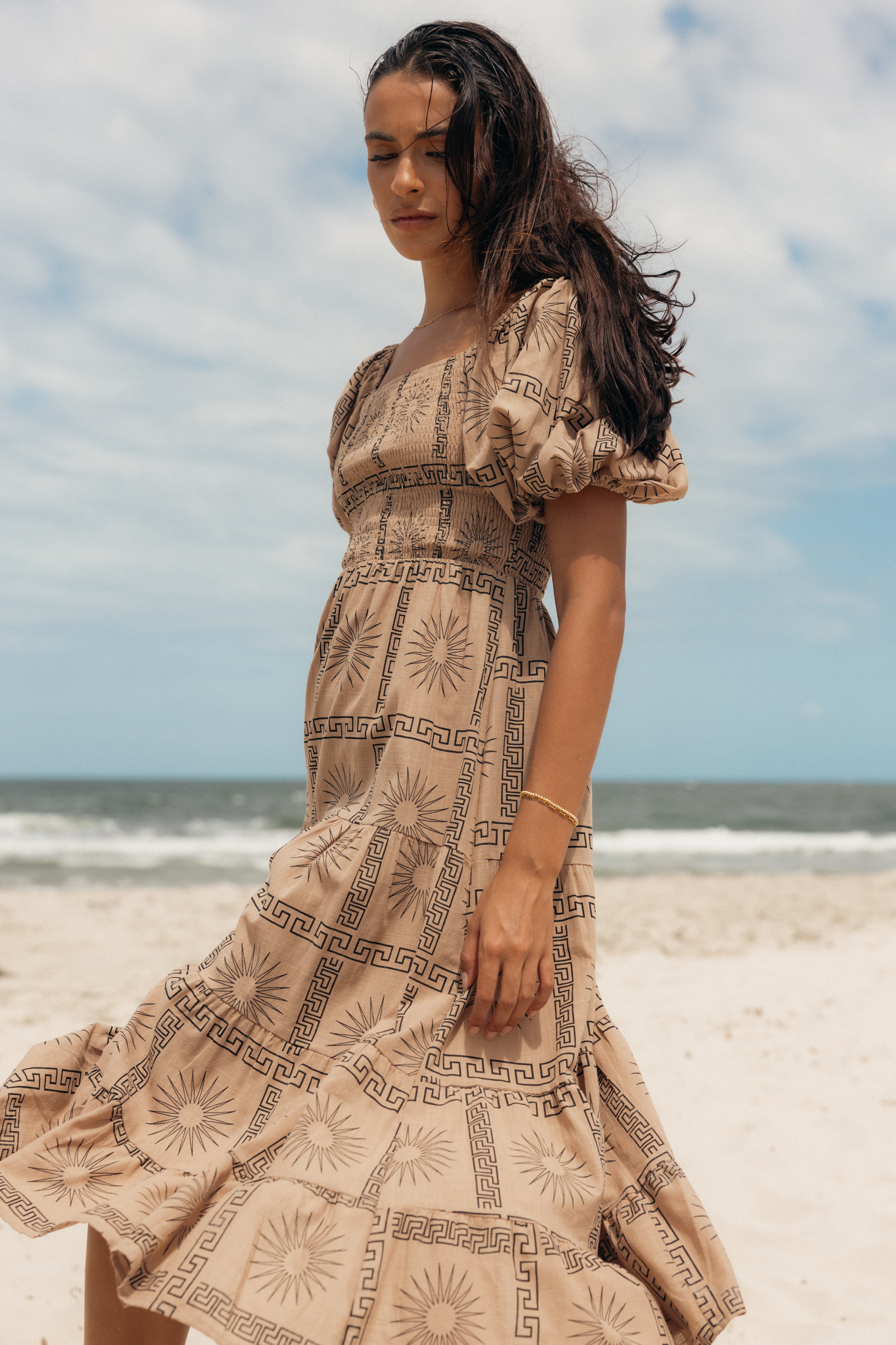 Soliel Puff Sleeve Midi Dress - Tan Black-Aur Fashion