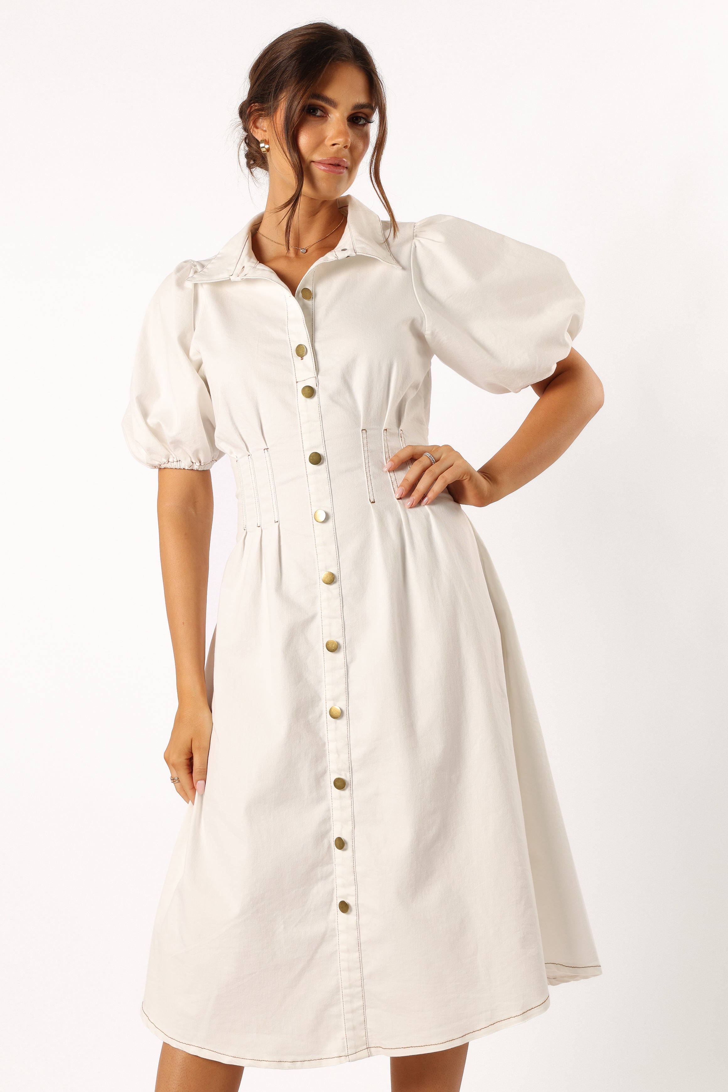 Sollie Puff Sleeve Midi Dress - White-Aur Fashion