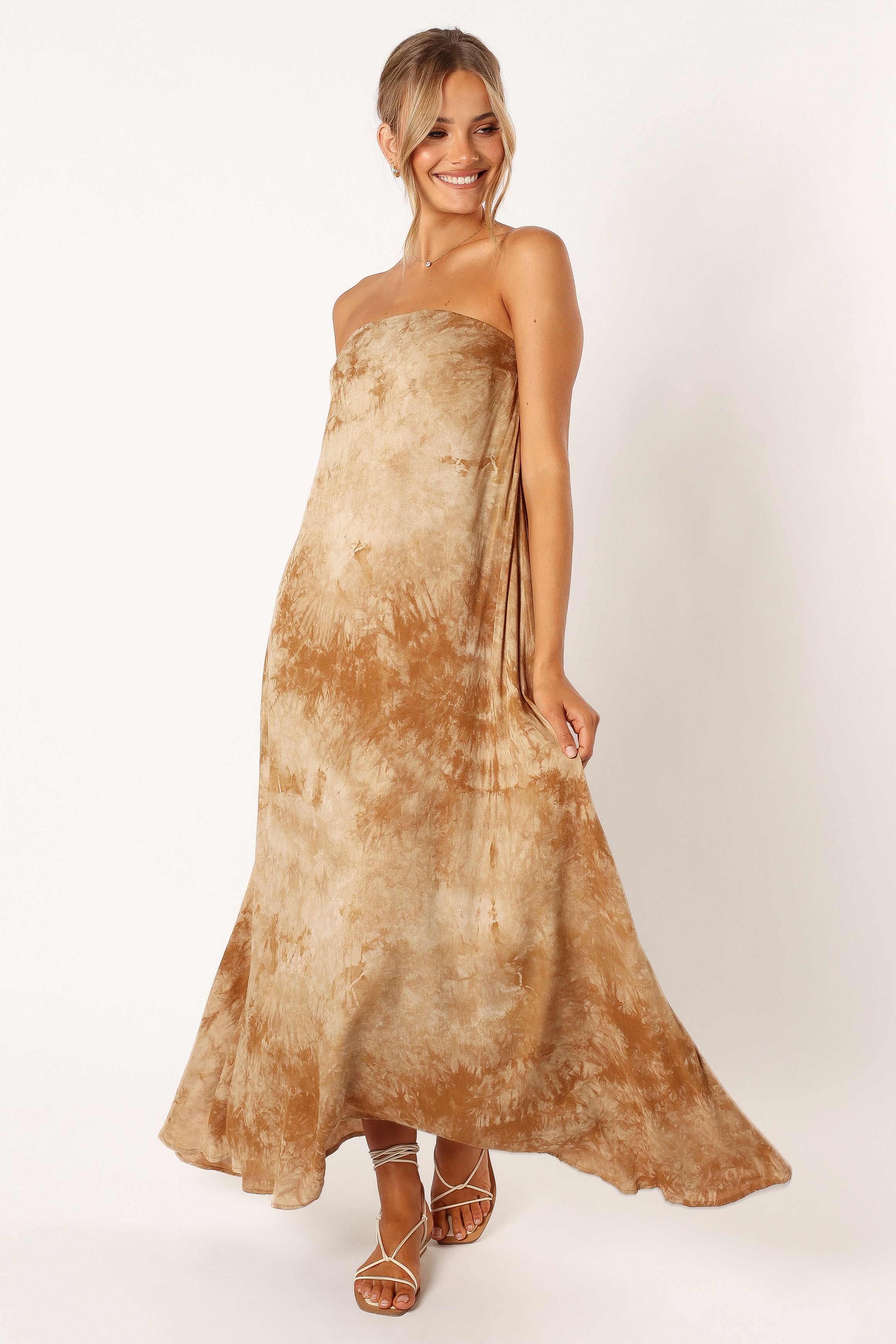 Soph Strapless Linen Maxi Dress - Tan Tie Dye-Aur Fashion