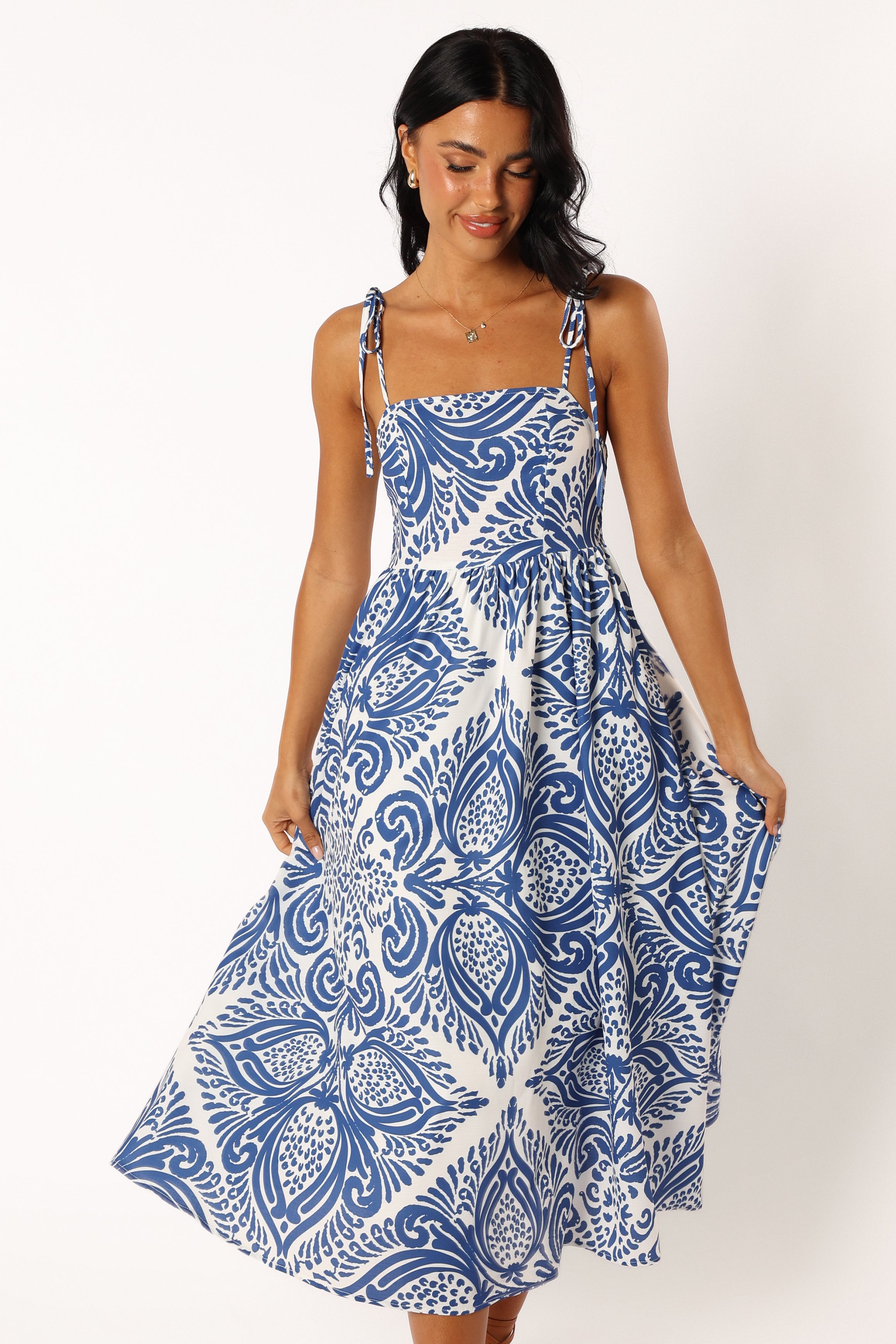 Stazie Midi Dress - Blue White Print-Aur Fashion