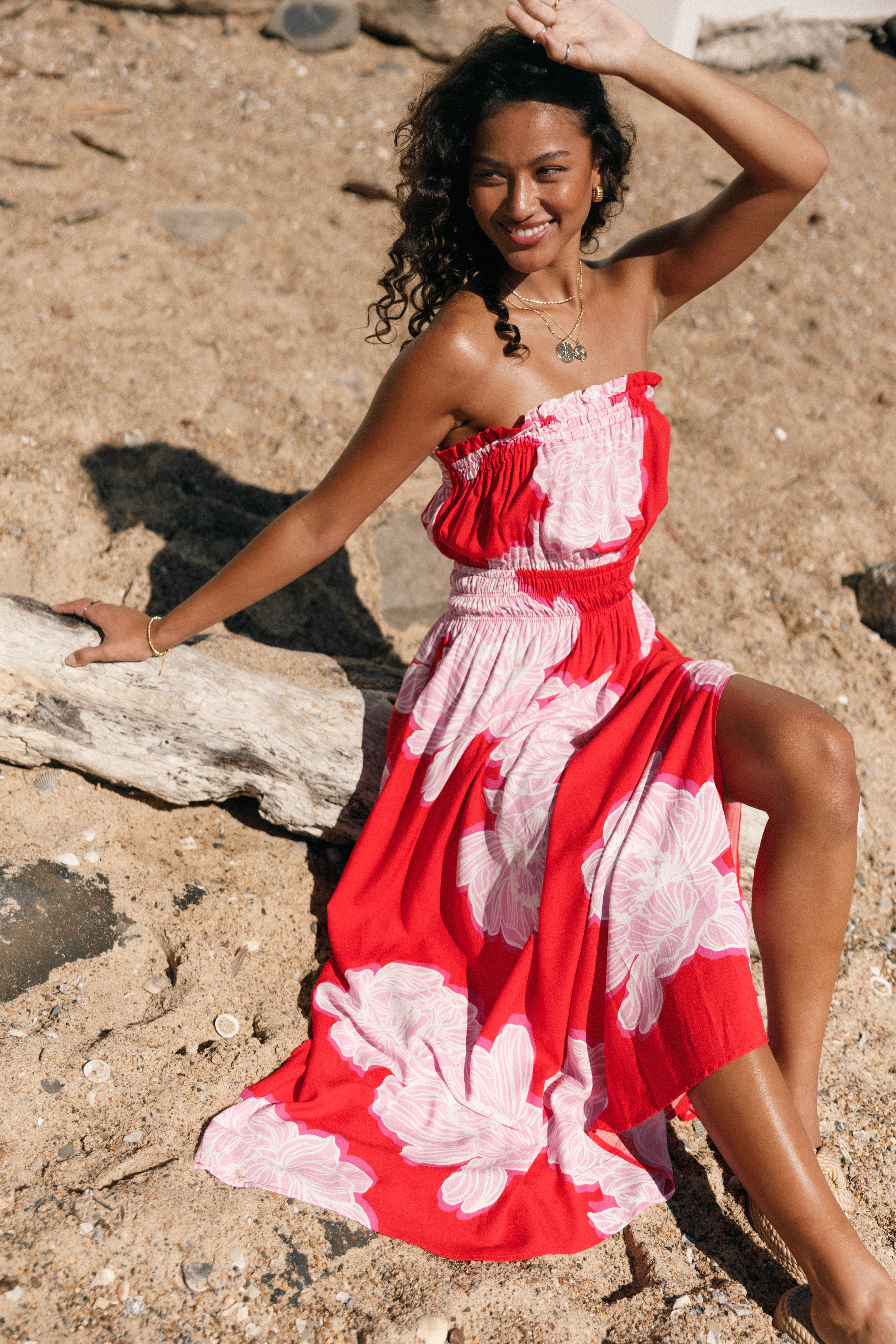 Sybel Midi Dress - Red Pink Floral-Aur Fashion